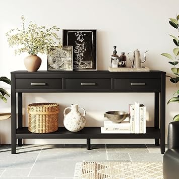 Knocbel Modern 59" Long Entryway Console Table with 3 Storage Drawers and Lower Shelf, Wooden Entrance Hallway Foyer Sofa Table, 150lbs Weight Capacity, Easy Assembly Black