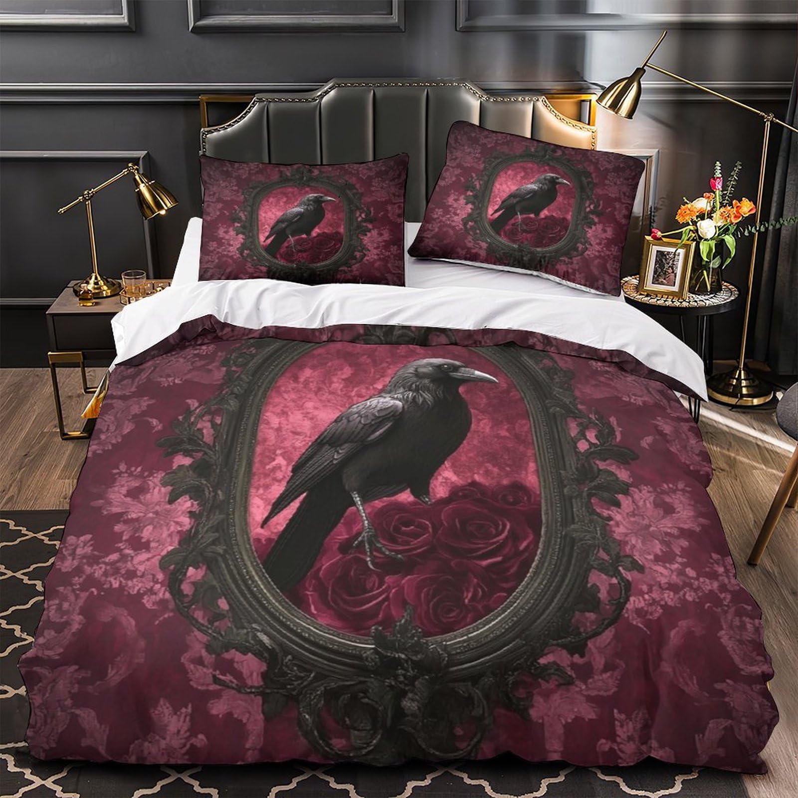 VOXYTMLWG 3D Design Printed 3 Pcs Bedding Set Room Decor Design Gothic Raven Quilt Cover Washable Wrinkle-Resistant for Kids,Women,Teenagers Dark Vintage Decor Duvet Cover Single（140x200cm）