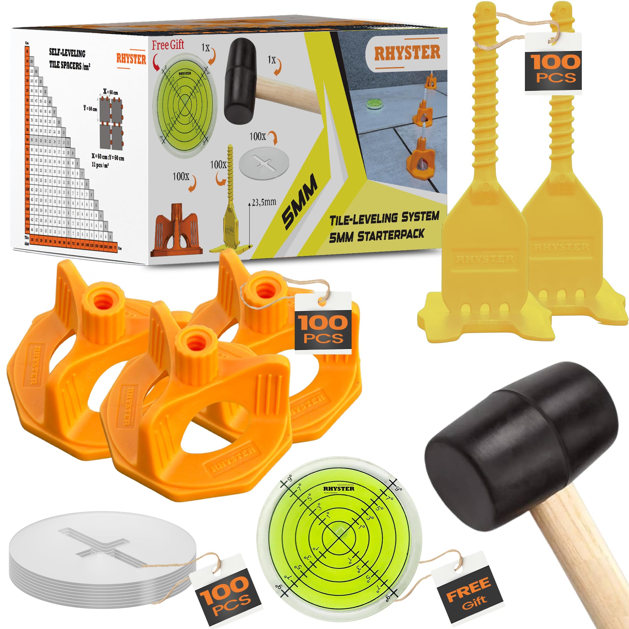 Kit de crucetas autonivelantes de 5 mm – Starter Pack - 302 Unidades | 100 Clips + 100 cuadrantes + 100 Protecciones + mazo + Nivel de Burbuja Incluido | Colocación fácil y precisa