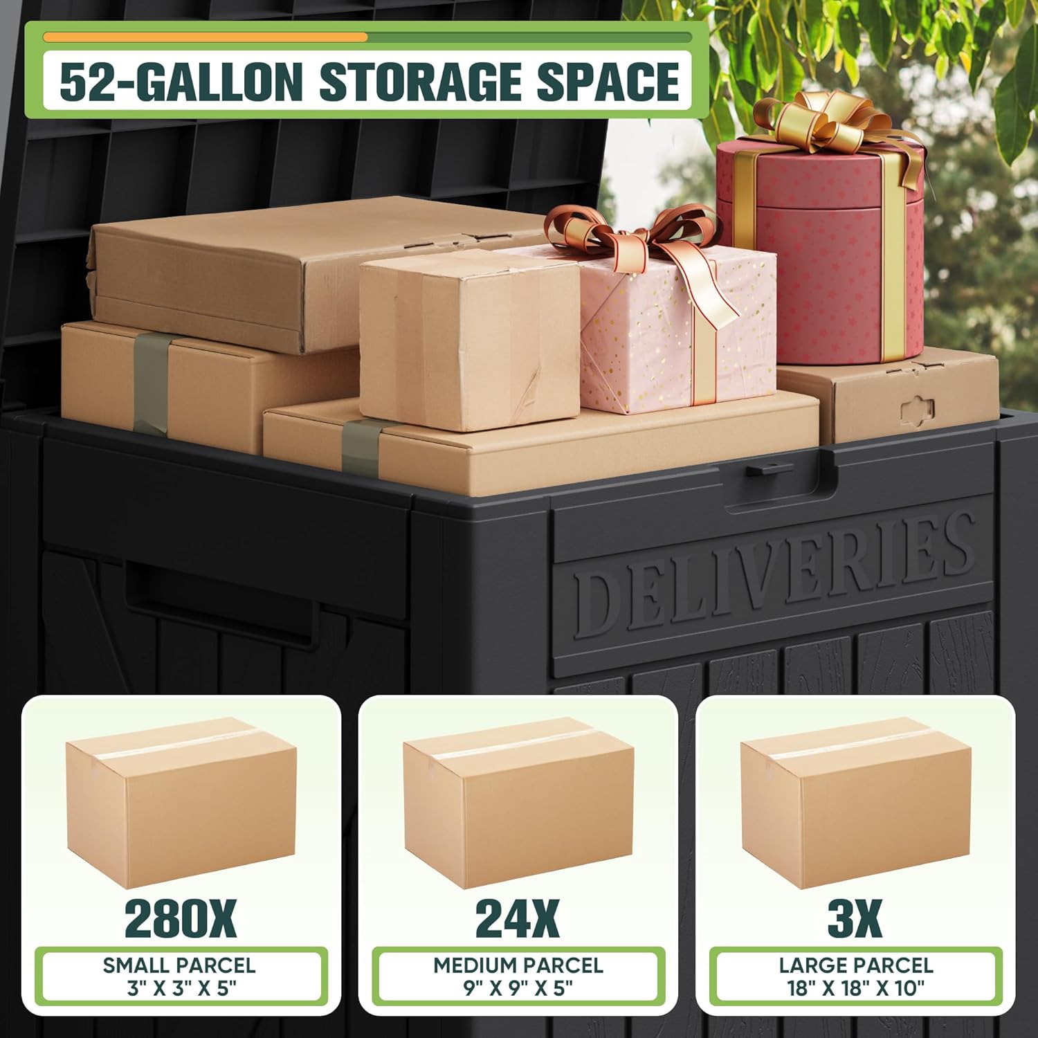 Greesum 52 Gallon Large Outdoor Package Delivery Box for Porch, Lockable Secure Double-Wall Resin Storage Box, Waterproof Deck Box for Package Protection, Black