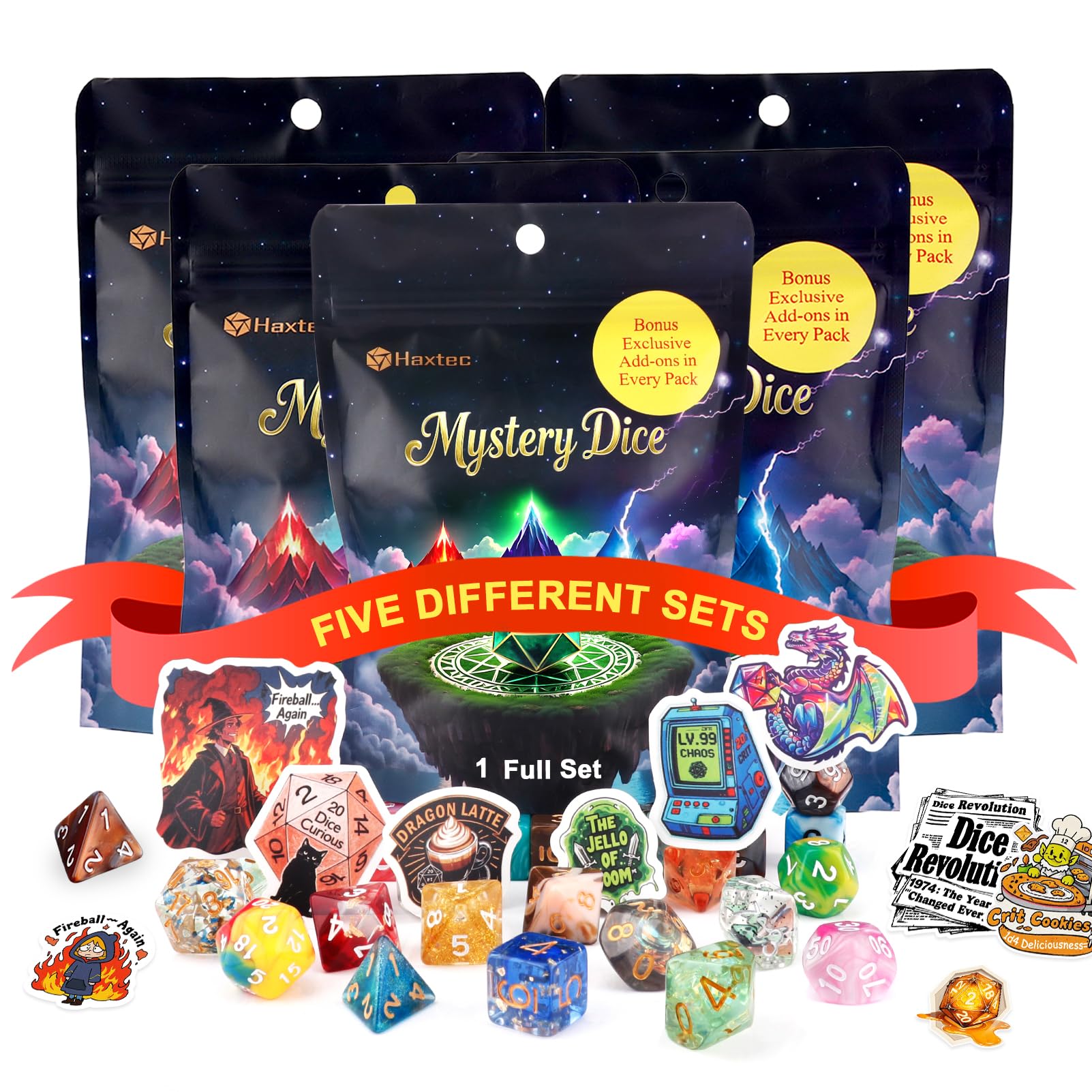 Haxtec Mystery Dice Set DND Dice Wide Range of Patterns Polyhedral Gaming Dice for Tabletop & Role-Playing RPG DND Gift Bulk 5 Sets