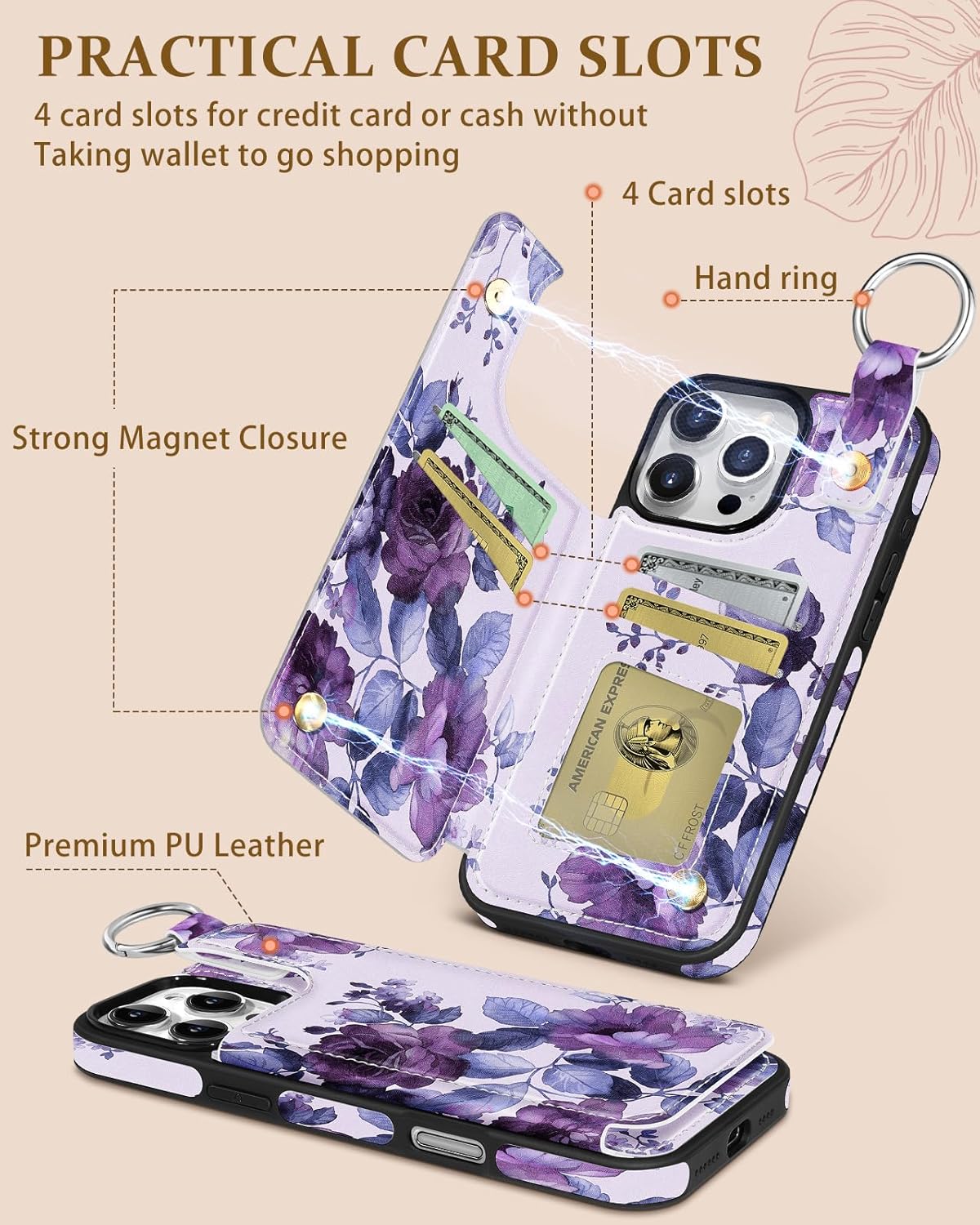 Shorogyt Compatible with iPhone 16 Pro Max Wallet Case with Card Holder - Cute Purple Flower Design Kickstand for Magnetic Clasp Back Flip Folio Leather Phone Covers for Women Men Girls - Image 3