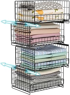 Hongtamoya 4-Tier Sliding Closet Organizers and Storage Shelves, Stackable Closet Shelf Organizer Basket Bins, Drawer Shelf Storage Container for Wardrobe Cupboard Kitchen Bathroom Office, Black