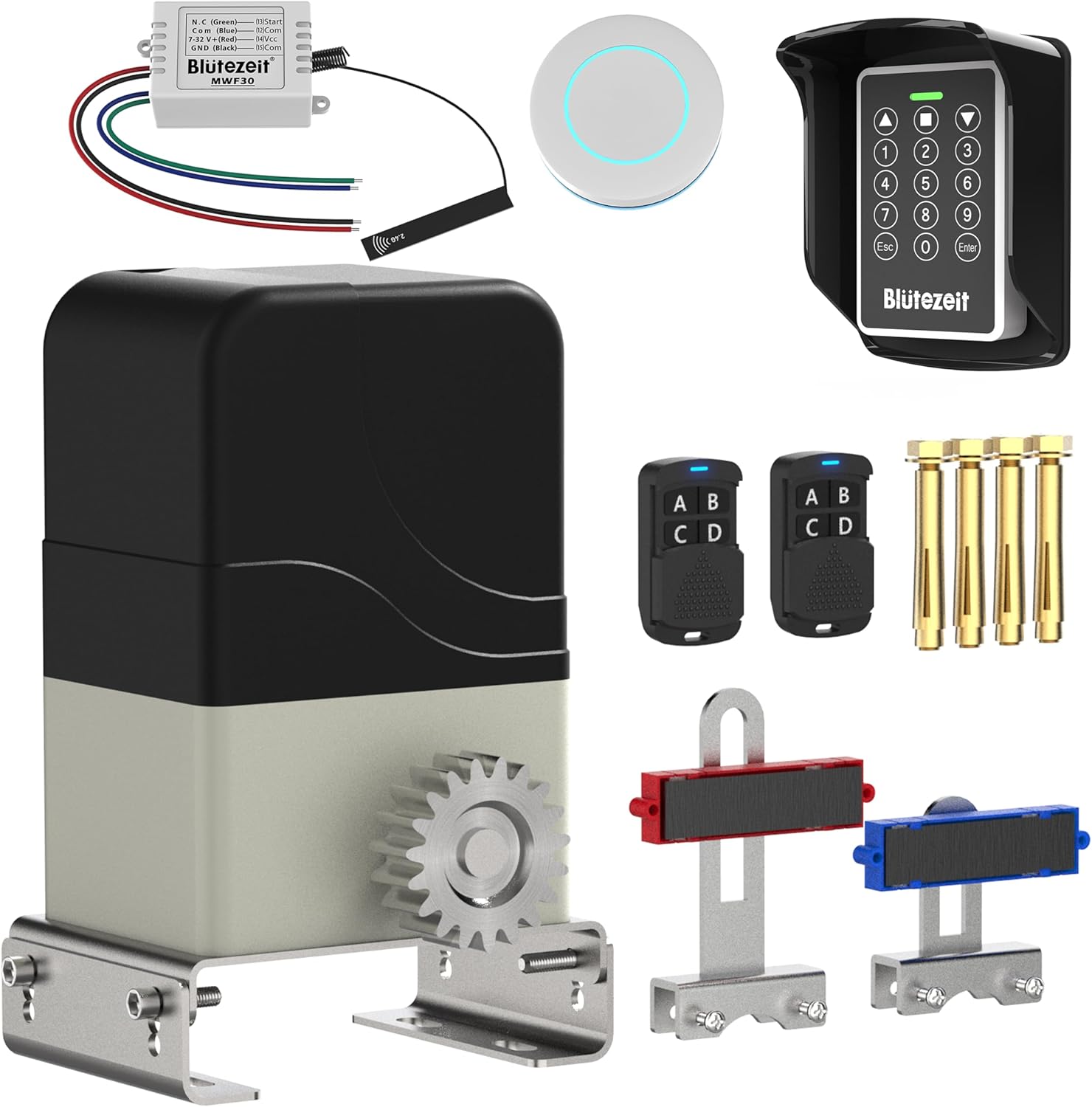 Blütezeit MJ-300 Sliding Gate Opener (Rack Not Included) with WiFi Module, Push Button & MWK30 Wireless Keypad – 900lb AC Gate Motor, App Control, Dual-Frequency Access
