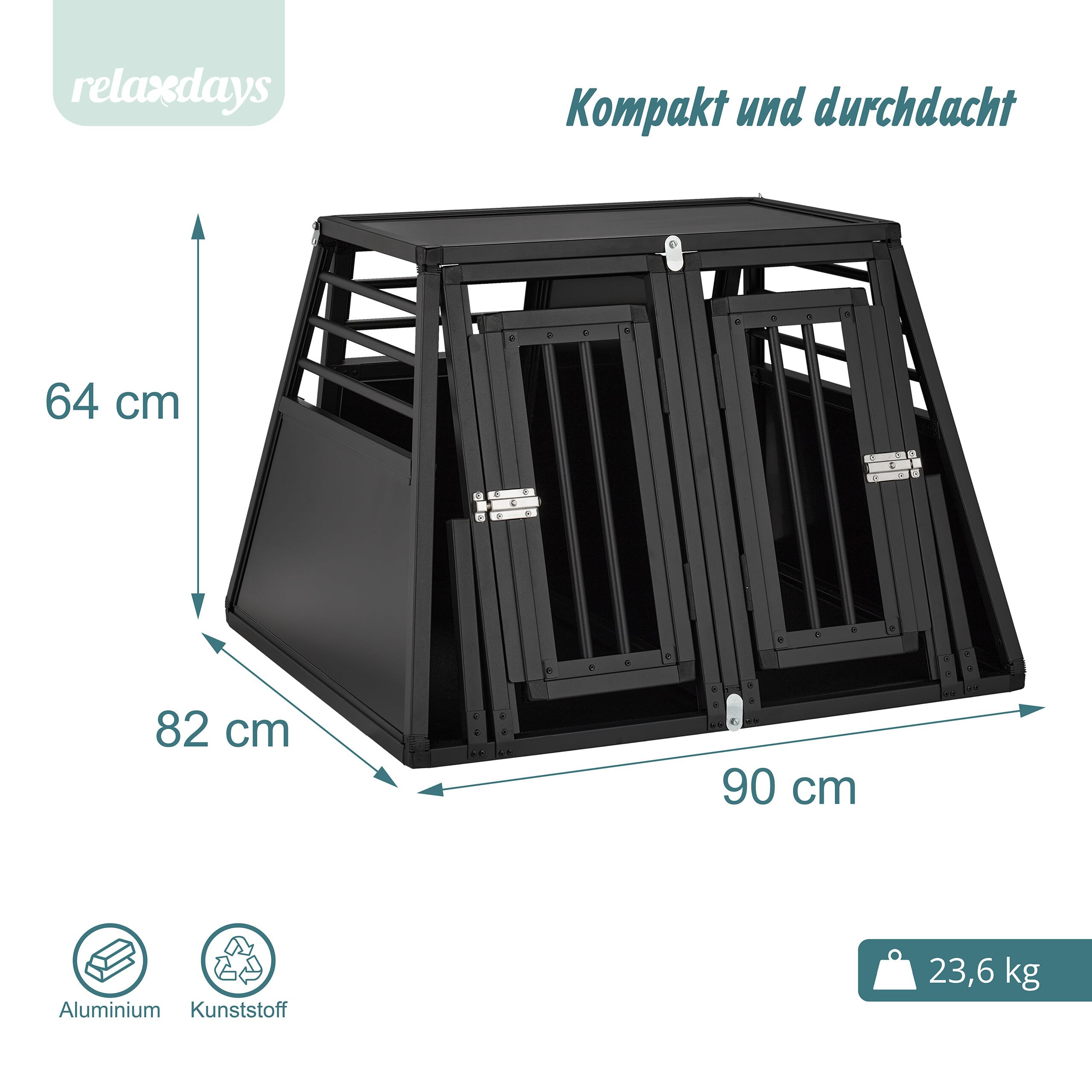 Relaxdays Hundebox Auto, doppelte Hundetransportbox, Kofferraum, abgeschrägt, Trennwand, HBT: 64 x 90 x 82 cm, schwarz
