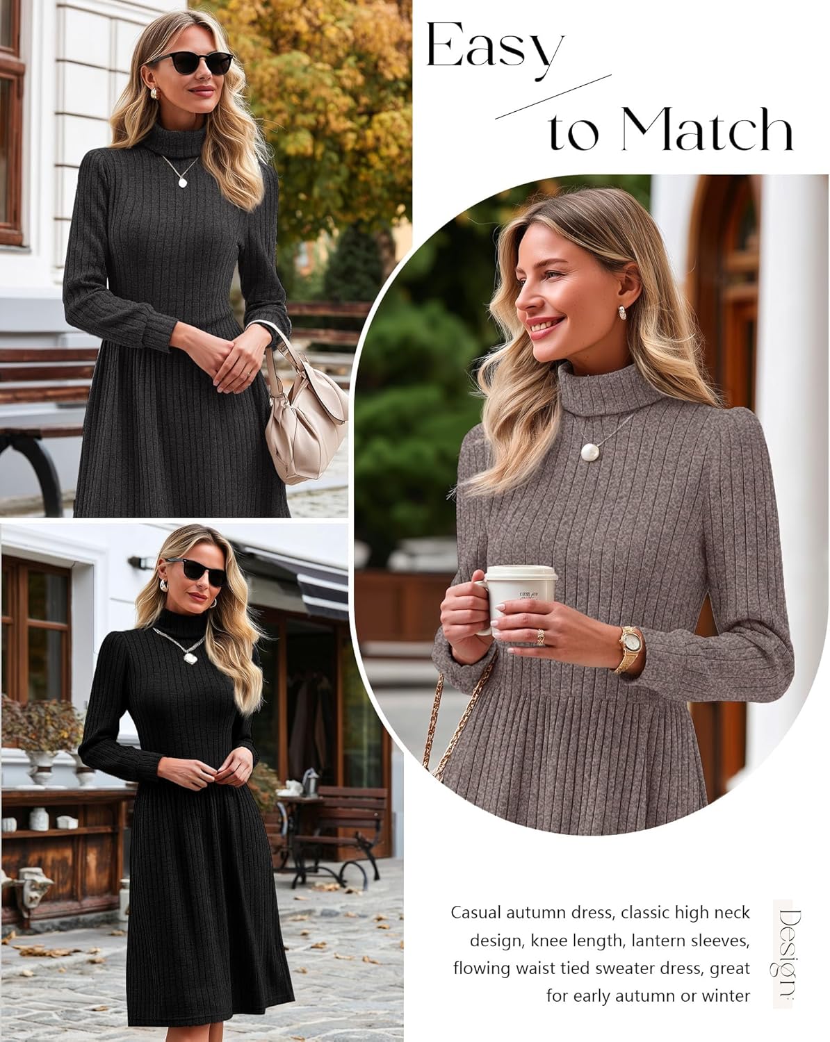 3 Pack Women's Turtleneck Long Sleeve Dresses, Ribbed Knit Casual Fall Winter Sweater Dresses with Pockets - Image 2