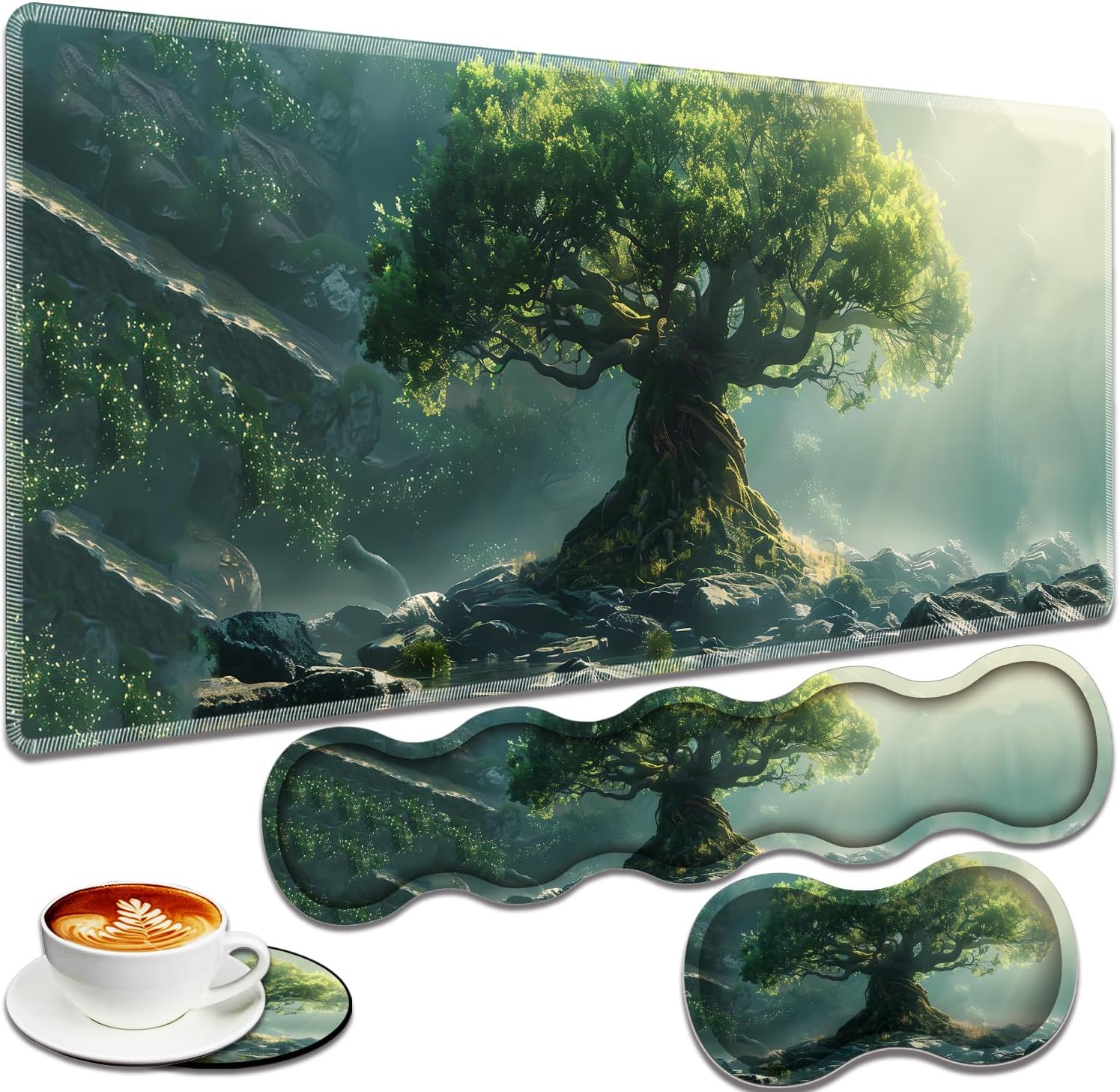 Large Gaming Mouse Pad + Keyboard Wrist Rest + Wrist Support + Coaster Set, Memory Foam Ergonomic for Easy Typing, XXL Extended Gaming Mouse Pad Table Pad - Tree of Life