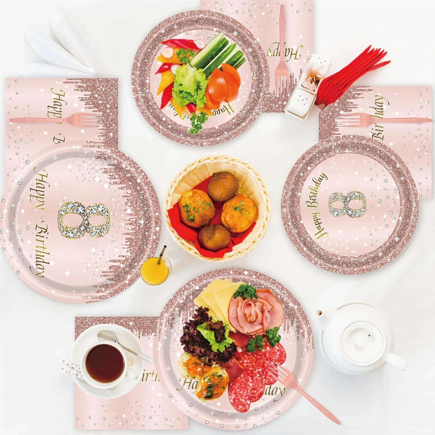Rose Gold 8th Birthday Tableware Set for Girls - 96 Pcs Disposable Party Supplies Includes Dinner Plates, Napkins & Forks, 8 Year Old Birthday Decorations (Serves 24 Guests)