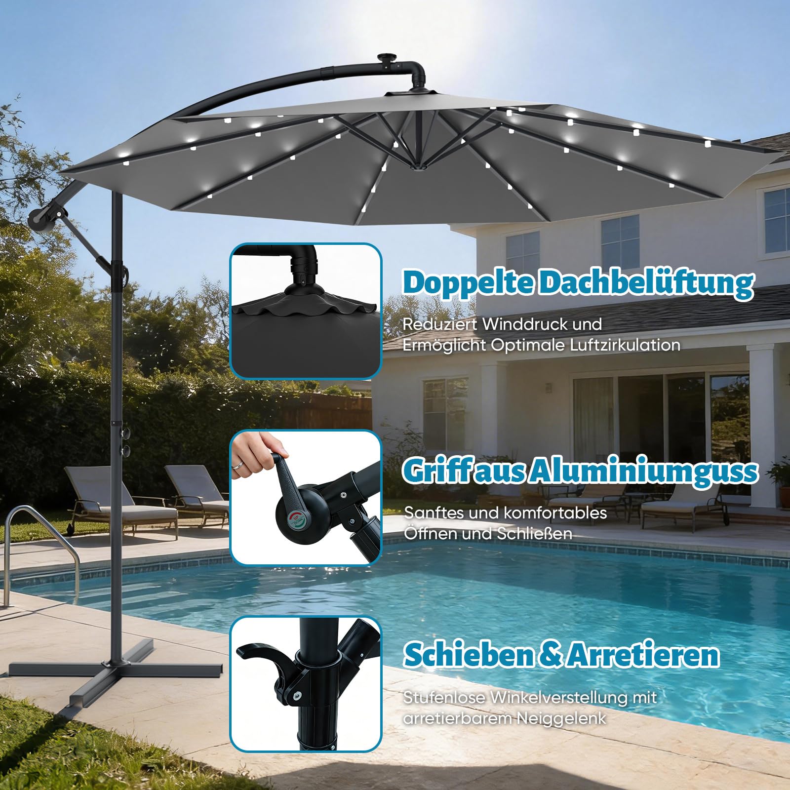 Ferghana Ombrellone da giardino con supporto e manovella, 300/350 cm, protezione UV