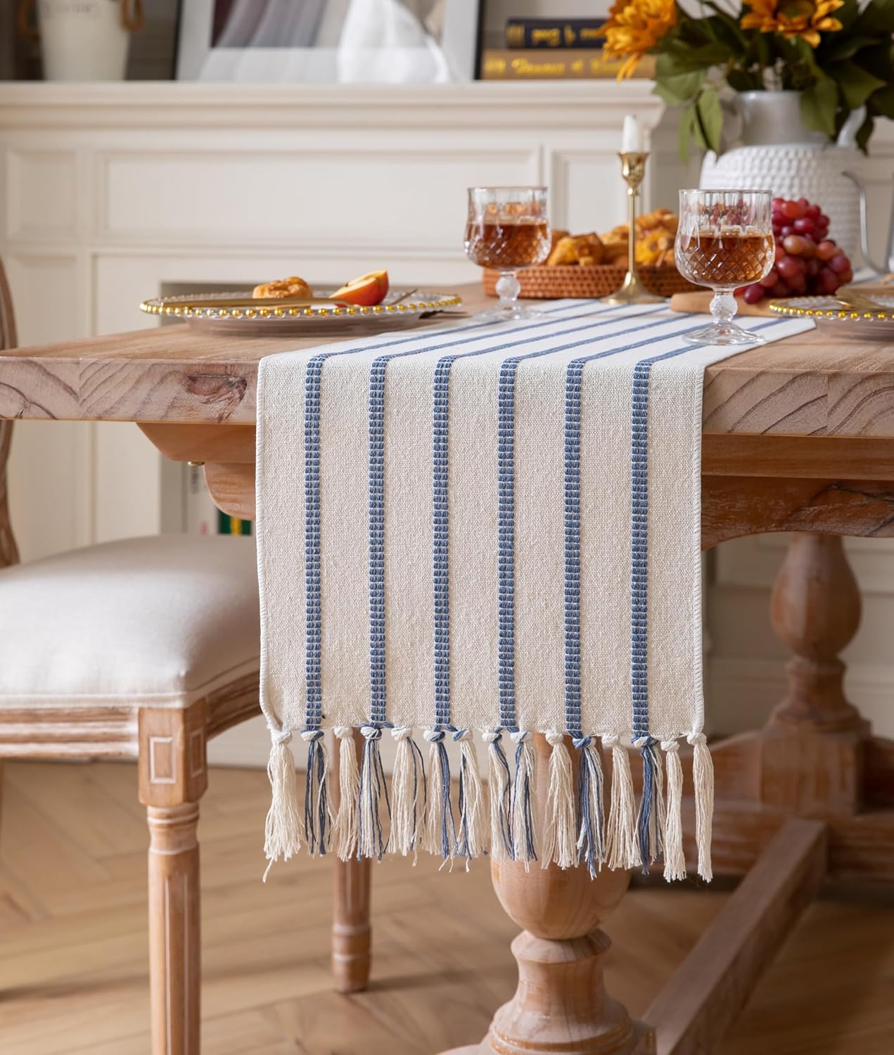 Caflife Boho Table Runner 108 Inchs Long Blue and Beige, Cotton and Linen Woven with Tassels, for Modern Rustic Farmhouse Neutral Table Runners, Bohemian Kitchen Dining Table Home Decor