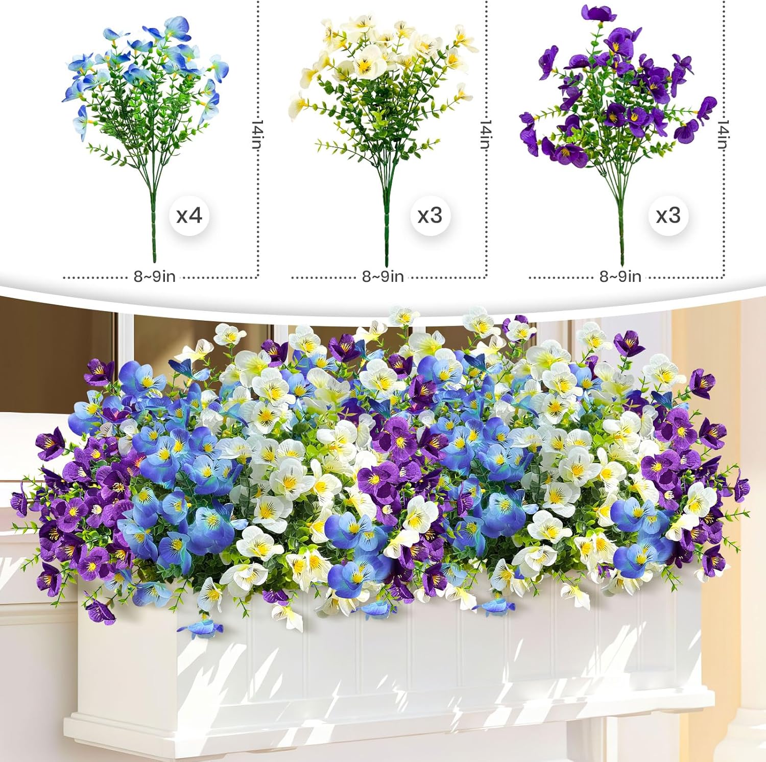 ICX 10pc Artificial Pansy Flowers for Outdoors,Silk Fake Flowers UV Resistant, Spring Flowers Artificial for Decoration,Outdoor Fake Plants for Door Porch Patio Planter Yard (Blue White Purple - Image 2
