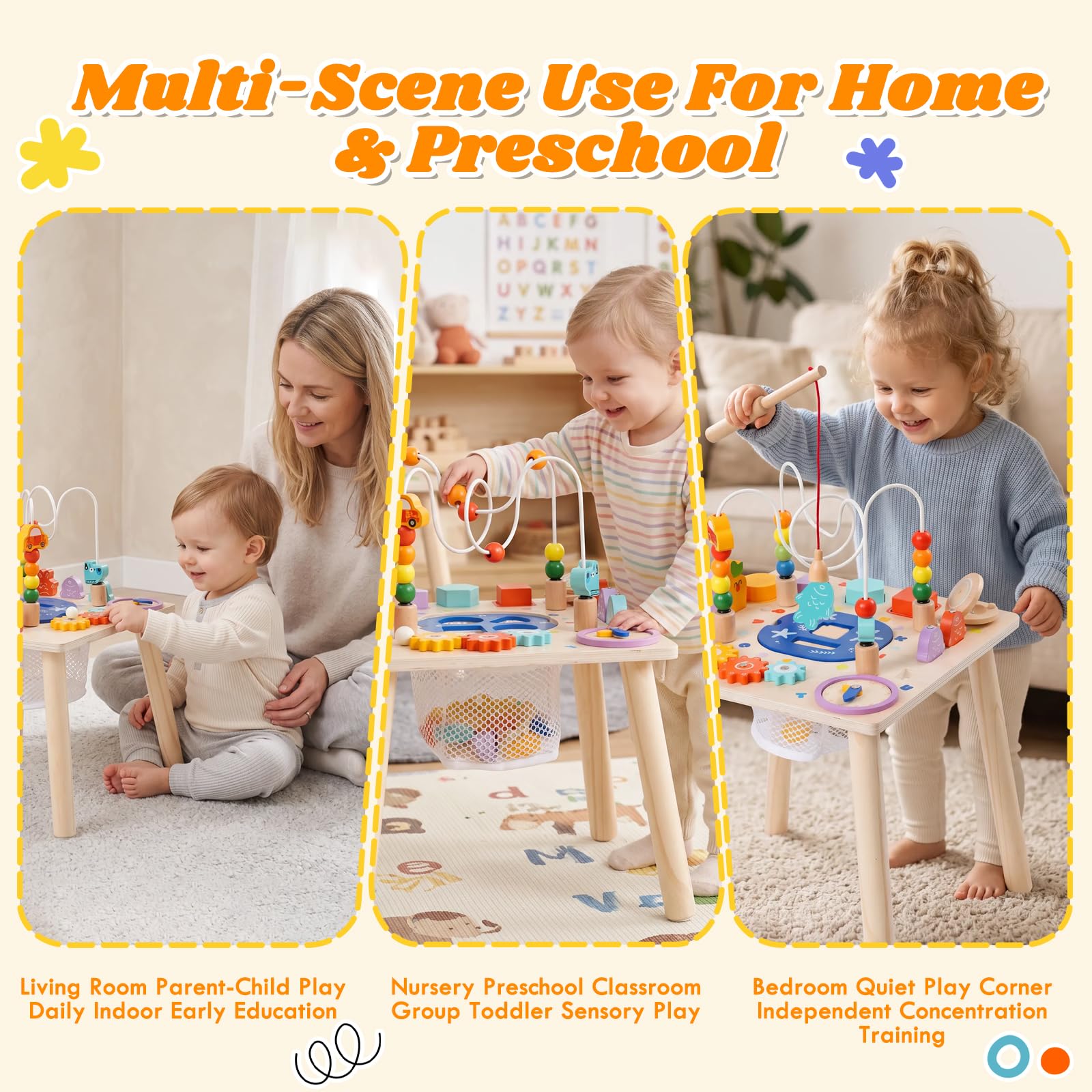 Tavolo attività per bambini, tavolo da gioco 7 in 1 Baby Montessori, giocattolo educativo con labirinto di perline, ruota dentata, gioco di pesca, assortimento di forme, promuove le abilità