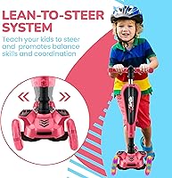 Vista 6 de Hurtle Patinete de 3 ruedas para niños, luces LED de ruedas, manubrio ajustable de inclinación para dirigir y asiento plegable, paseo sentado