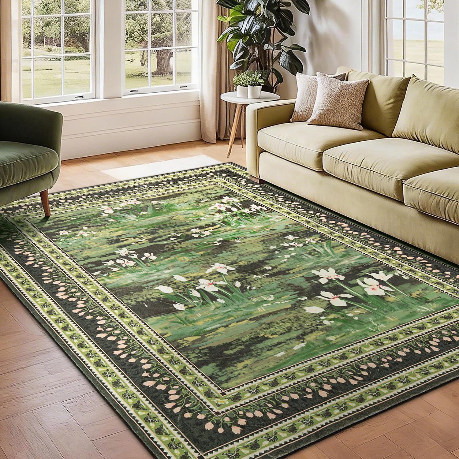 Tapis de décoration,Vert rétro, Blanc, Beige, 80 x 200 cm, Chambre Salon Salle à Manger Terrasse Balcon Hall Cuisine Décor,Runner Rug for Hallways