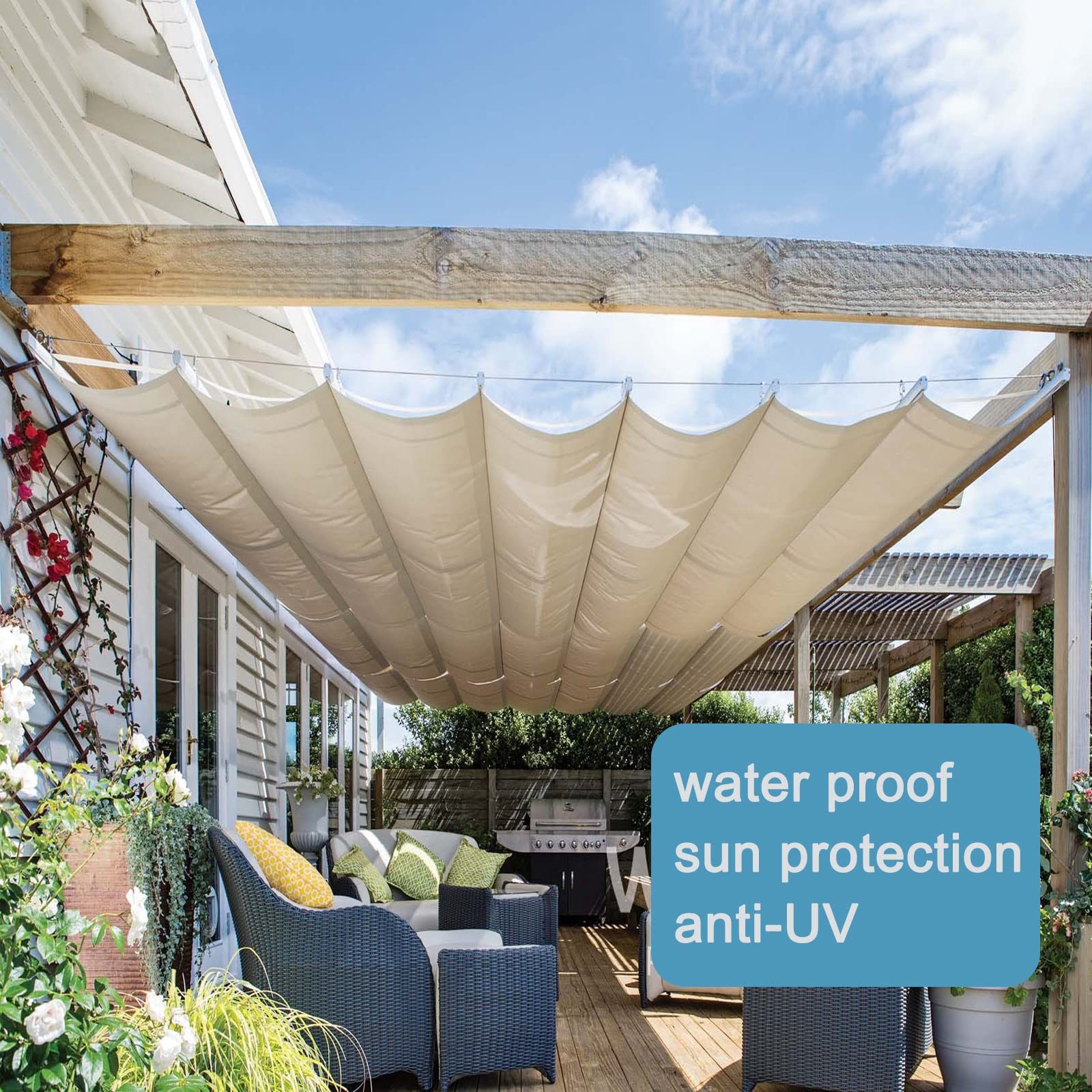 Voile D'ombrage Rétractable Vague 160x750 Cm - Imperméable, Taux D'ombrage 95%, Pour Pergola Terrasse Jardin Beige