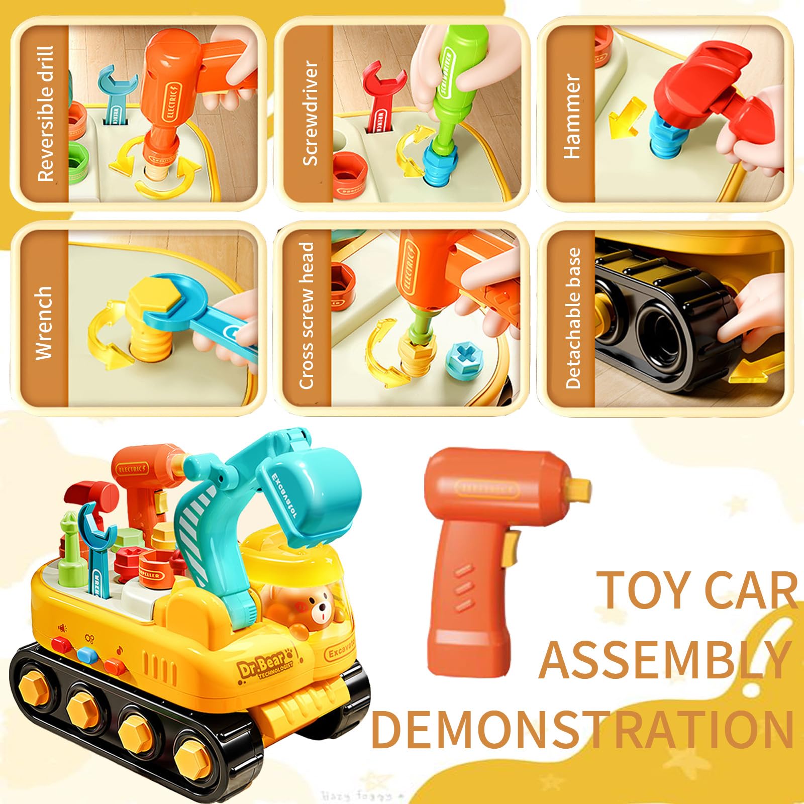 Pelleteuse Enfant, Bricolage Engin de Chantier Enfant avec LED éclairage & Musique, DIY Educatif Montessori Creatif Tracteur Jouet, Etabli avec Visseuse Perceuse Outilsenfant Cadeau Garcon 4 ans