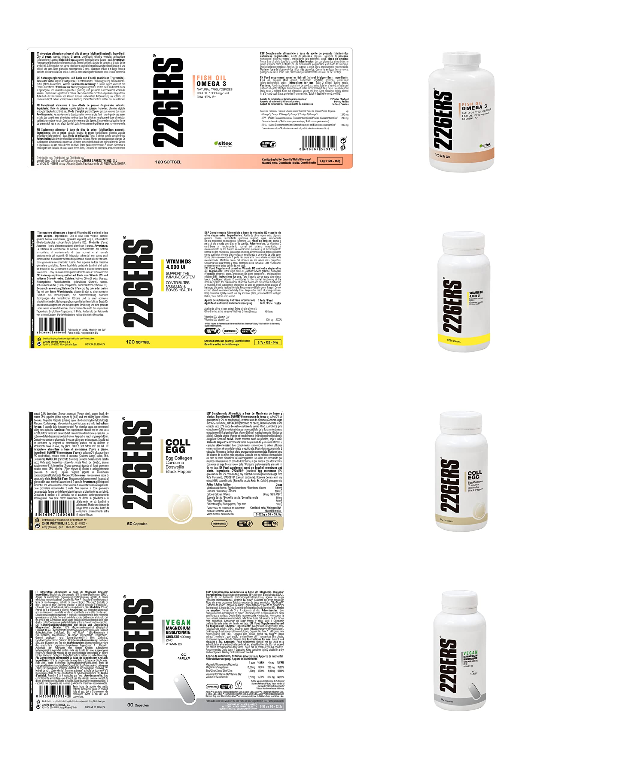 226ERS Pack Articular 4 Suplementos | Mejora la Movilidad con Vitamina D3 + Omega 3 Fish Oil + Magnesio Quelado + Coll-Egg