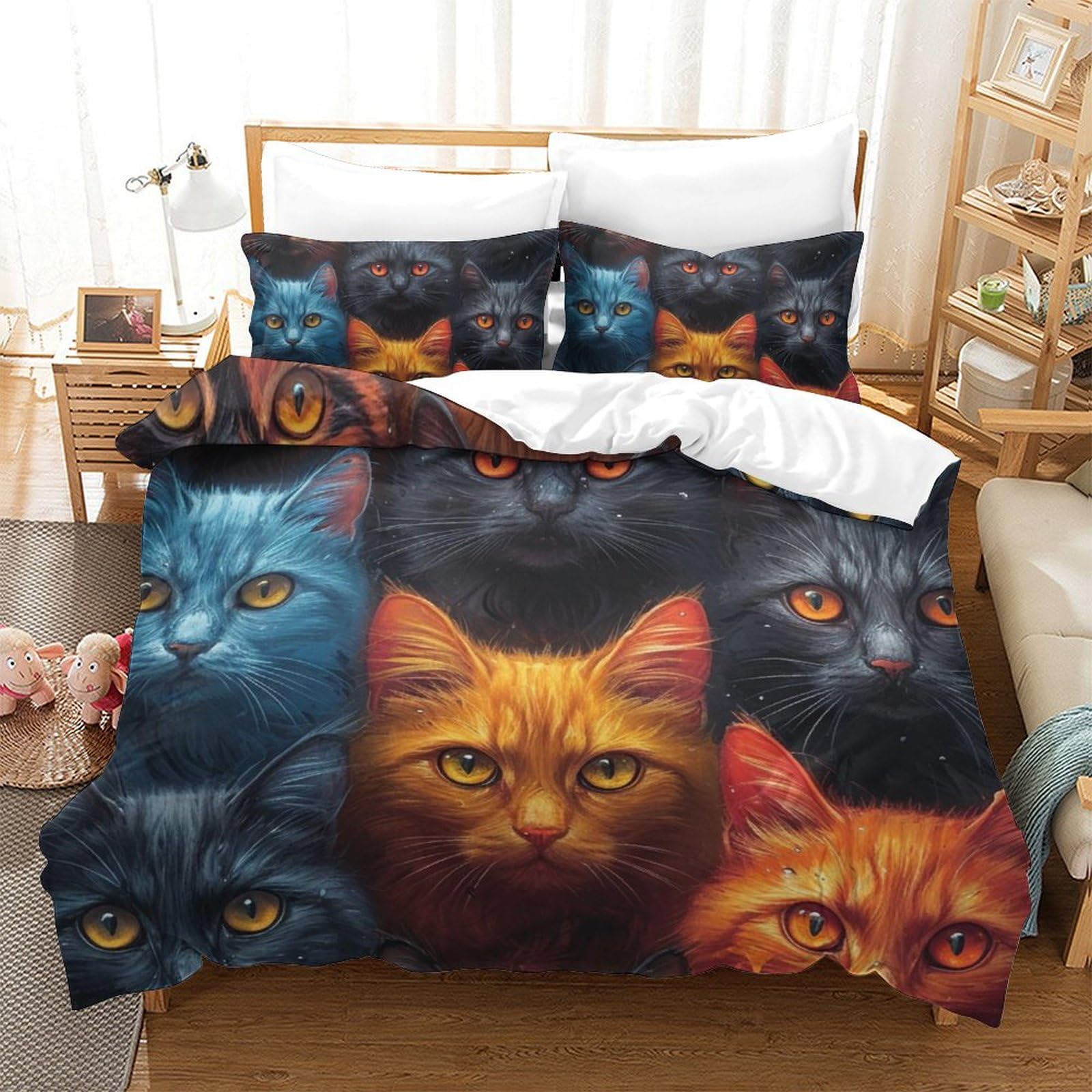 Housse de couette 220x240 chat imprimé 3D avec fermeture éclair pratique pour lit king