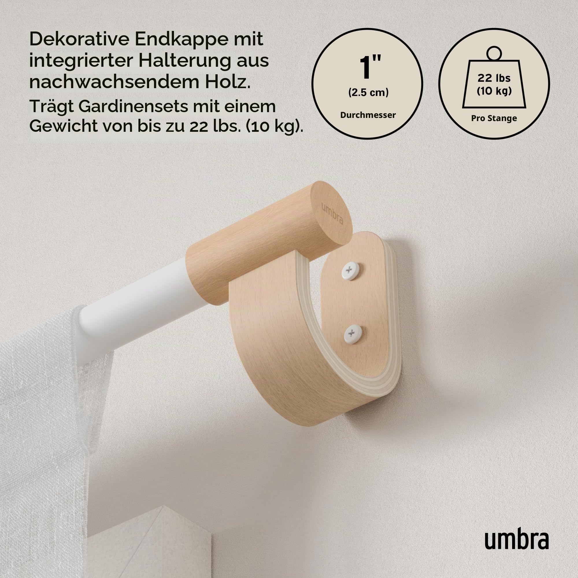 Umbra Bellwood Gardinenstange, Ausziehbar, 107-305 cm, D25mm, Weiss/Natur | Stahl mit Holzendstücken, Komplettes Set mit Wandhalterung und Befestigungsmaterial, belastbar bis 10 kg, einfache Montage