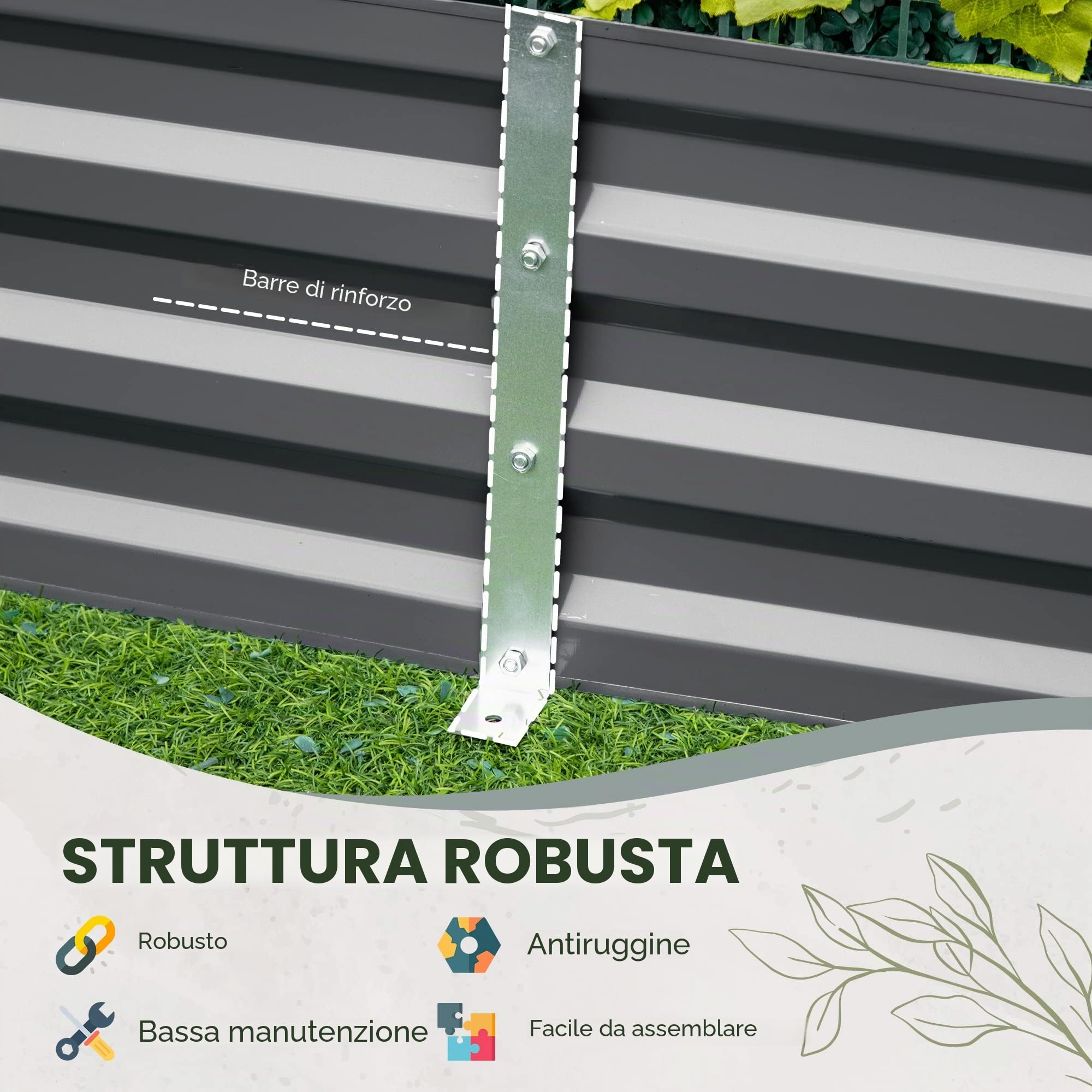 Outsunny Orto Rialzato fioriera rettangolare in acciaio zincato grande capacità 180 x 90 x 29,5 cm con tutori per pomodori e piante rampicanti