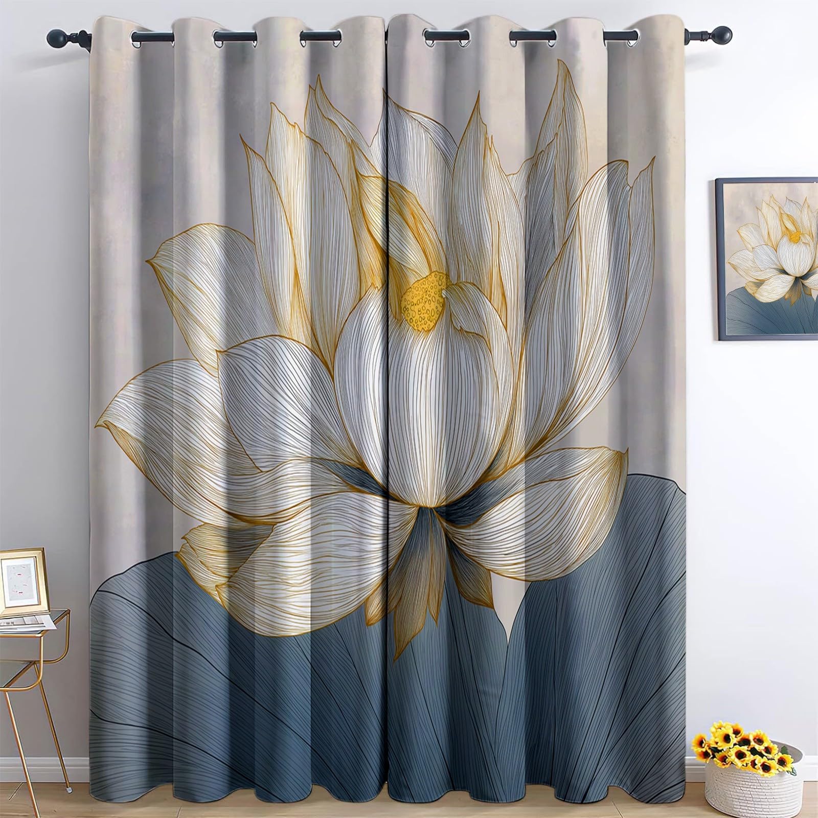 Generico Akwarela elegancka zasłona 91,5 l x 214 cm (2 panele) z oczkami, termiczne zasłony zaciemniające z izolacją termiczną w paski kwiatowe do pokoju i sypialni