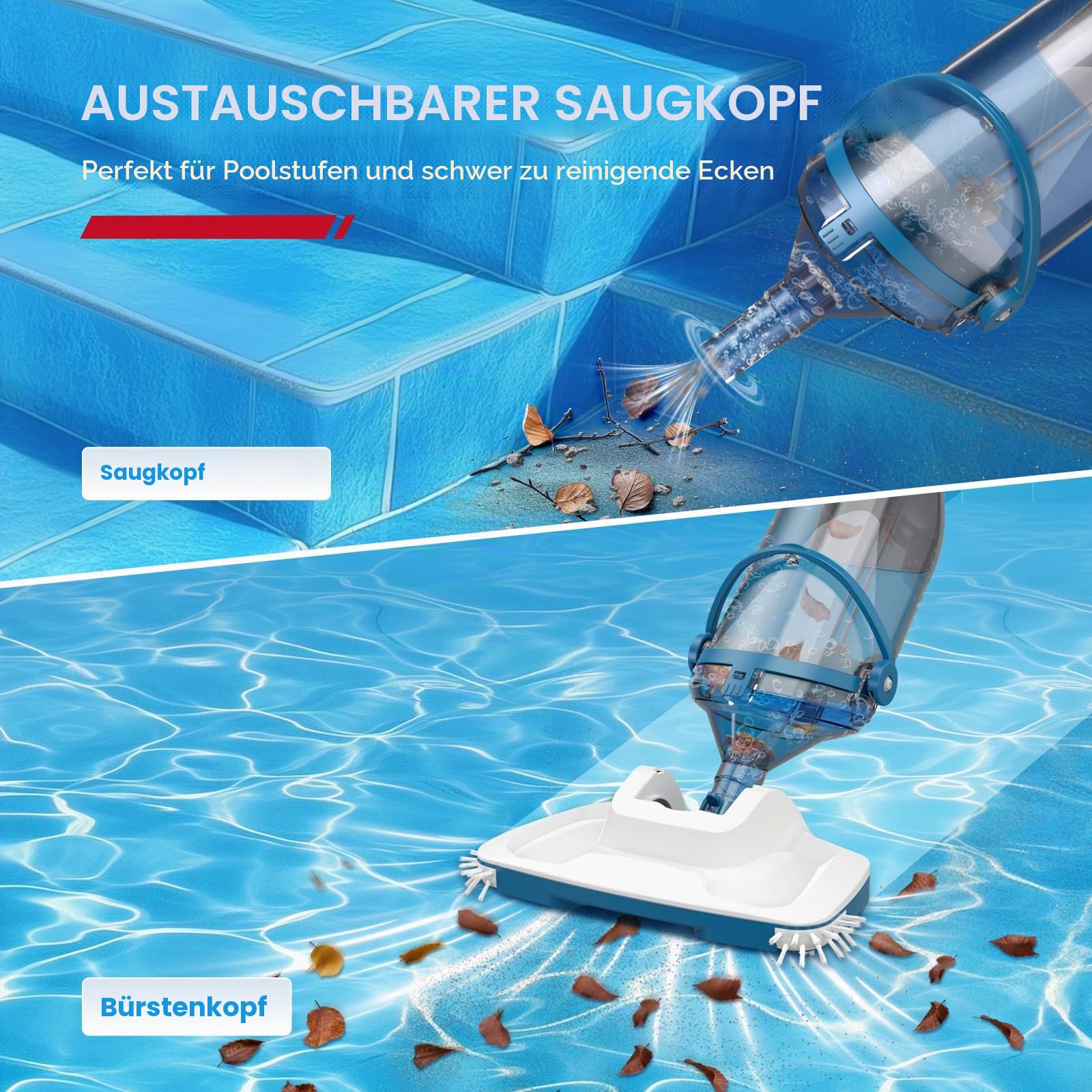 Enhulk Poolsauger Akku, 2025 Verbesserter 34cm breiter Kopf, Betriebsdauer bis zu 60 Minuten, Poolreiniger mit 3 Filter & Teleskopstange, Absaugung bis zu 4200L/H, Ideal für Aufstellpool usw