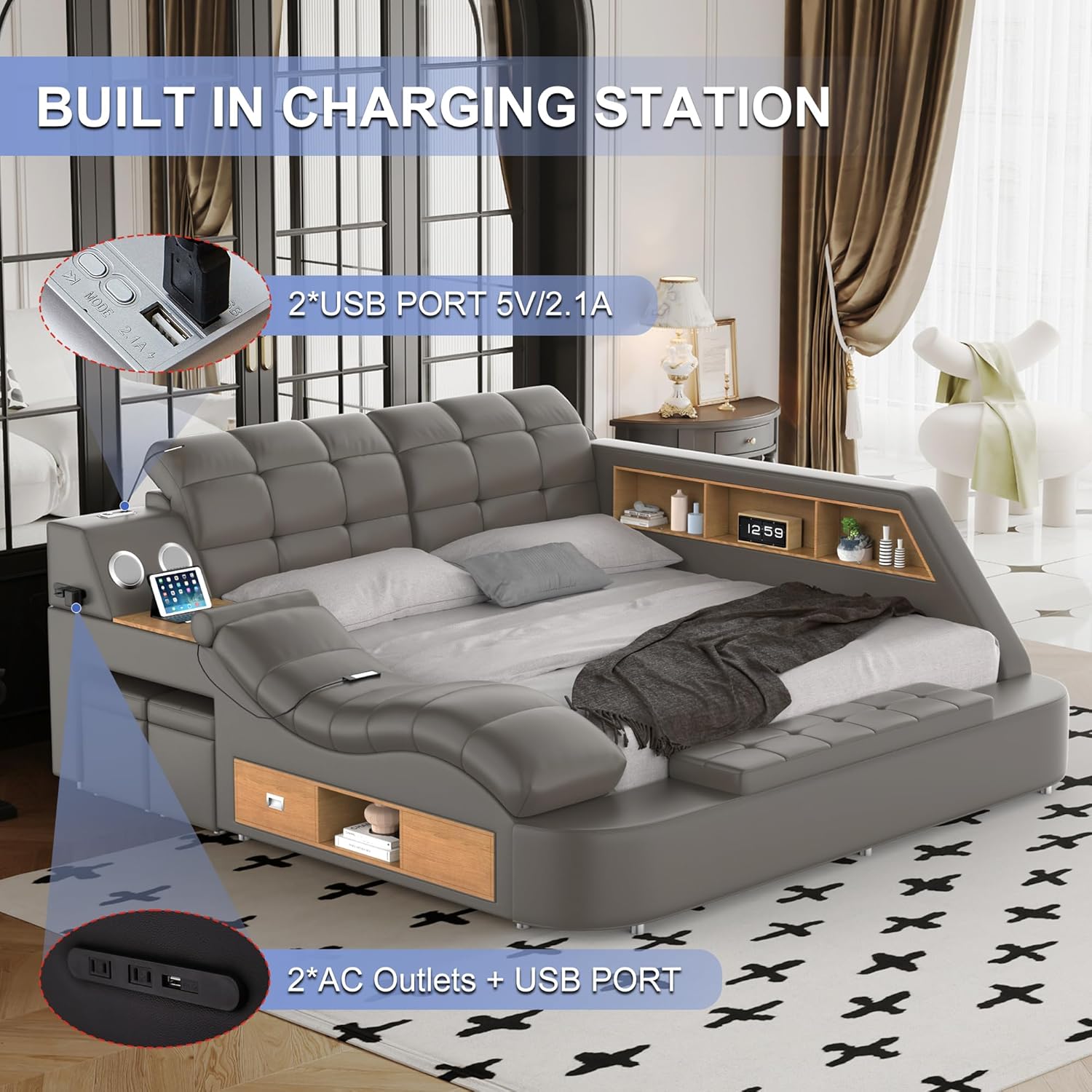 Multifunction Smart Queen Bed Frame Upholstered Platform with Massage Recliner/Bluetooth Speaker/USB Charging Station/Storage Drawers, Leather Headboard/Strong Wooden Slats, Grey-L Side