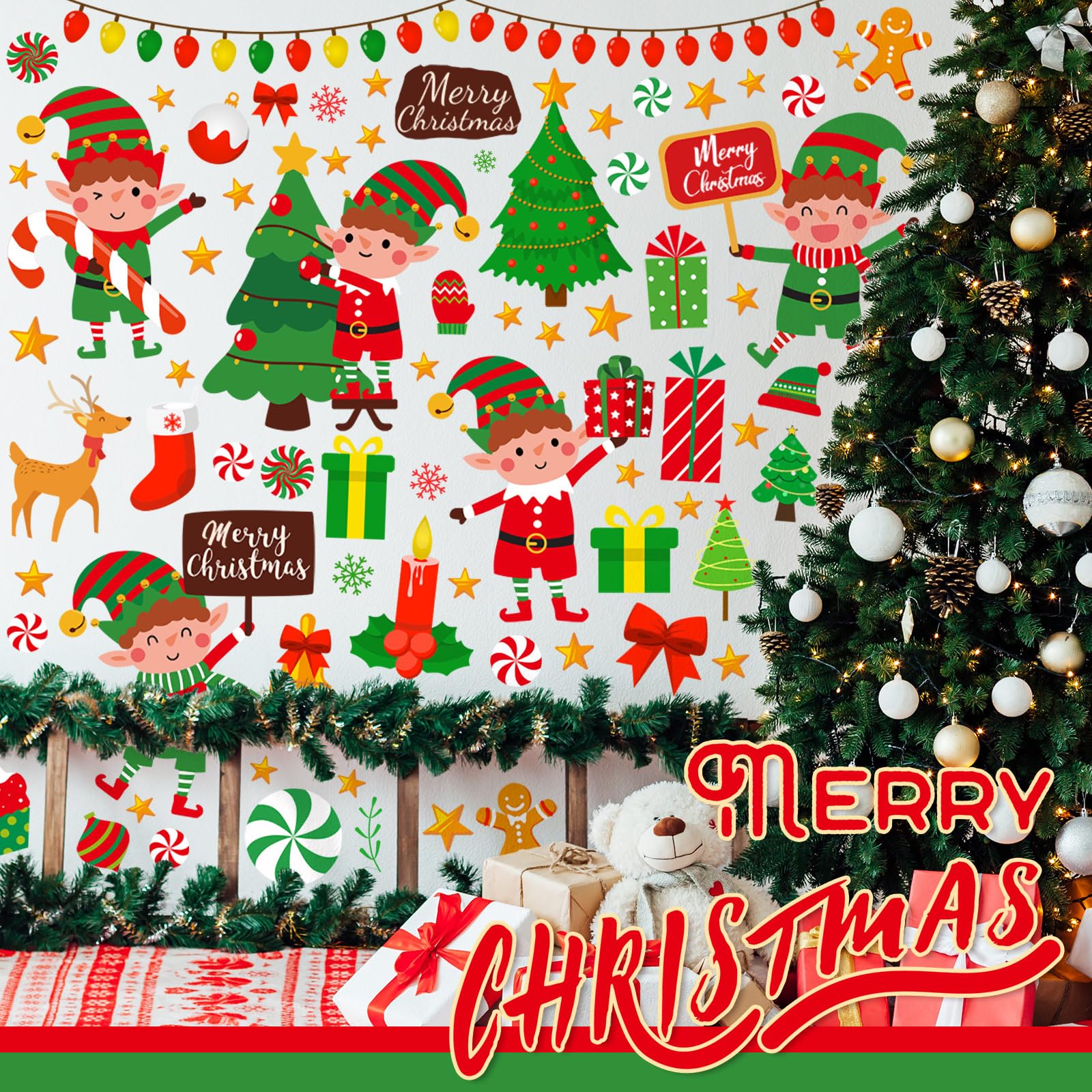 131 Stück Weihnachts-Wandaufkleber, 6 Bögen, Weihnachts-Fensteraufkleber, Weihnachtsdekoration, Elfe, Schneemann, Weihnachtsmann, Rentier, Aufkleber, Weihnachtsfensterfolien, Dekorationen
