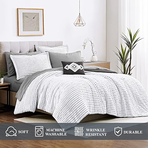 Miniatura 4 de WRENSONGE Juego de edredón jacquard bohemio tamaño Queen, 8 piezas, juego de edredón a rayas blancas y negras, juego de cama de microfibra acogedor