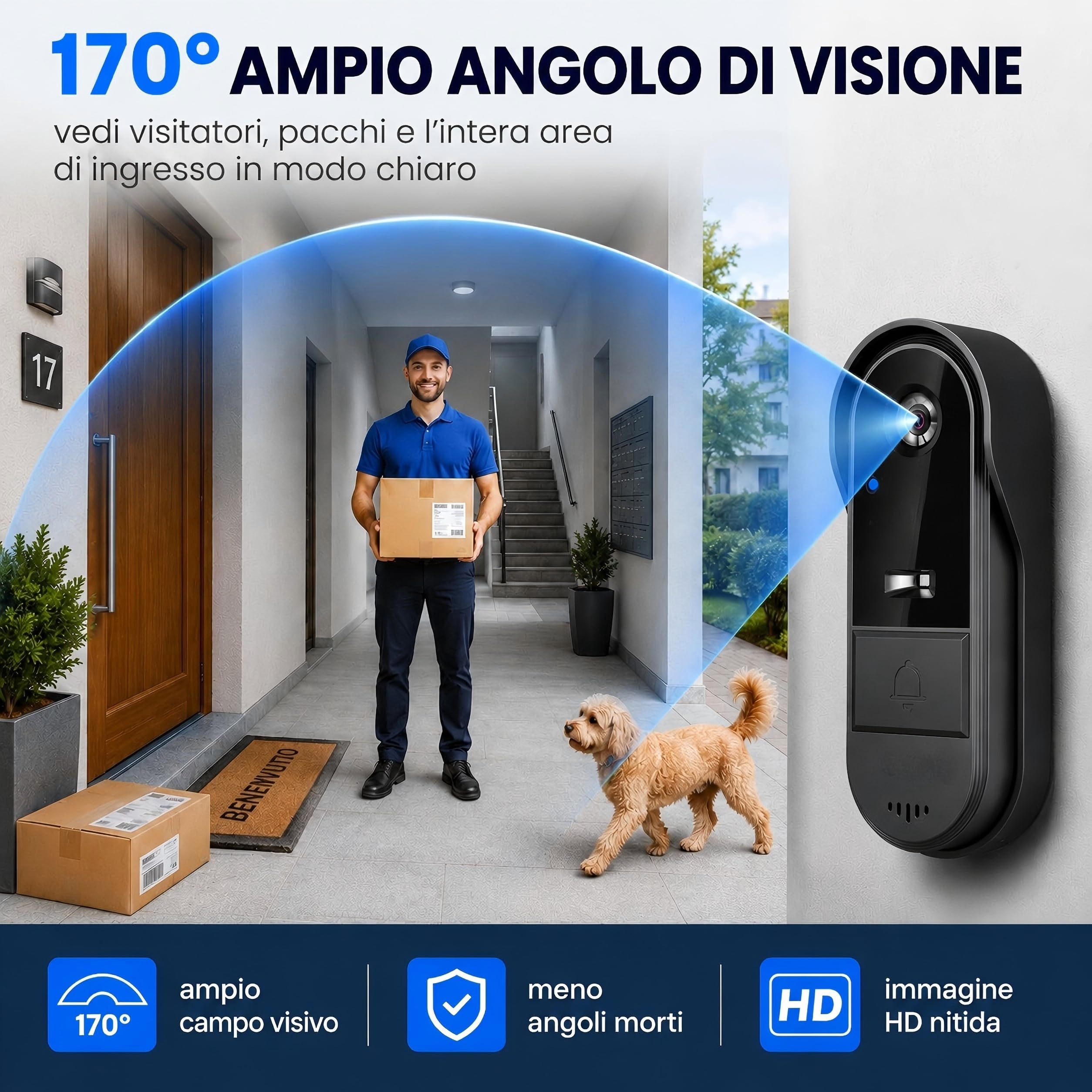 1080P Campanello Senza Fili da Esterno con Monitor IPS 4.3'', Bluetooth 2.4G, Telecamera HD 170° Grandangolare, Audio Bidirezionale Citofono Videocitofono Senza Fili da Esterno con IP67 Impermeabile