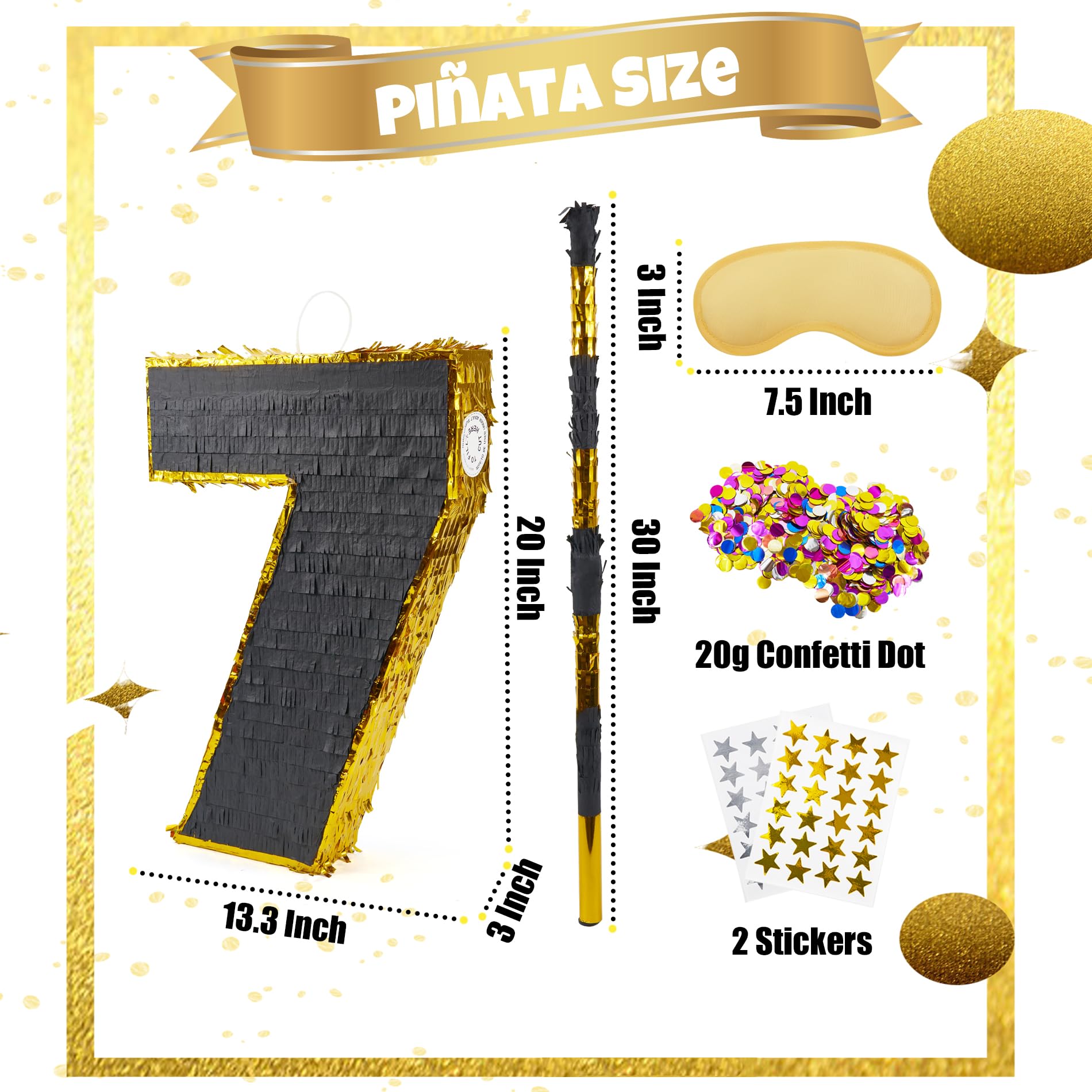 PCFING 20 Inch Number 7 Piñata Gold Black with 30 Inch Piñata Stick Blindfold Confetti for Man Women Kids Birthday Party Decorations, Anniversary Celebration, Fiesta