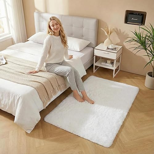 Miniatura 8 de duduta Alfombra rectangular blanca suave y esponjosa de 3 x 5 pies, alfombra de felpa peluda para dormitorio, guardería, sala de estar, decoración