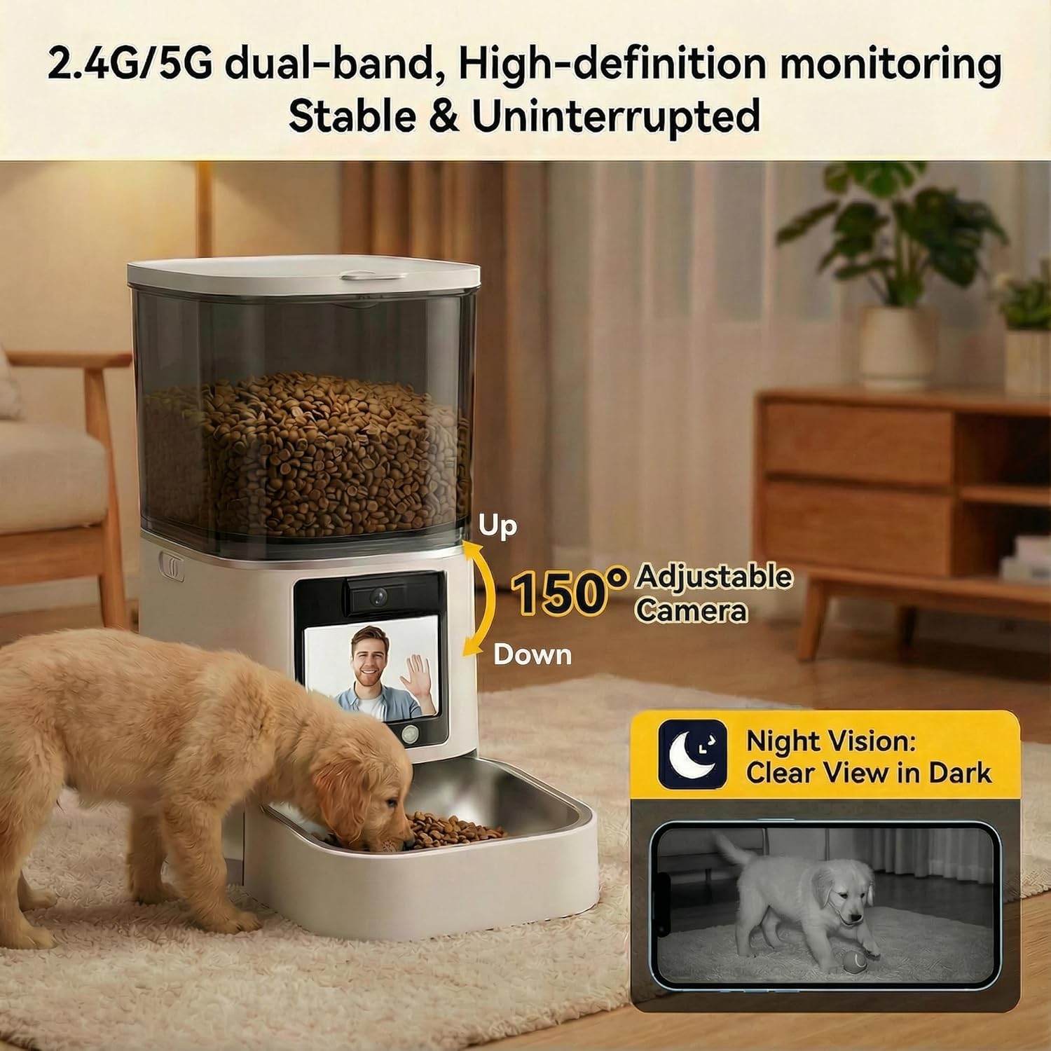 Automatic Cat Feeder with Camera, 2-Way Video& Audio, HD Video with Night Vision, 5G WiFi Pet Feeder, 5L Large Food Storage Container for Multiple Pet, Detachable for Easy Clean