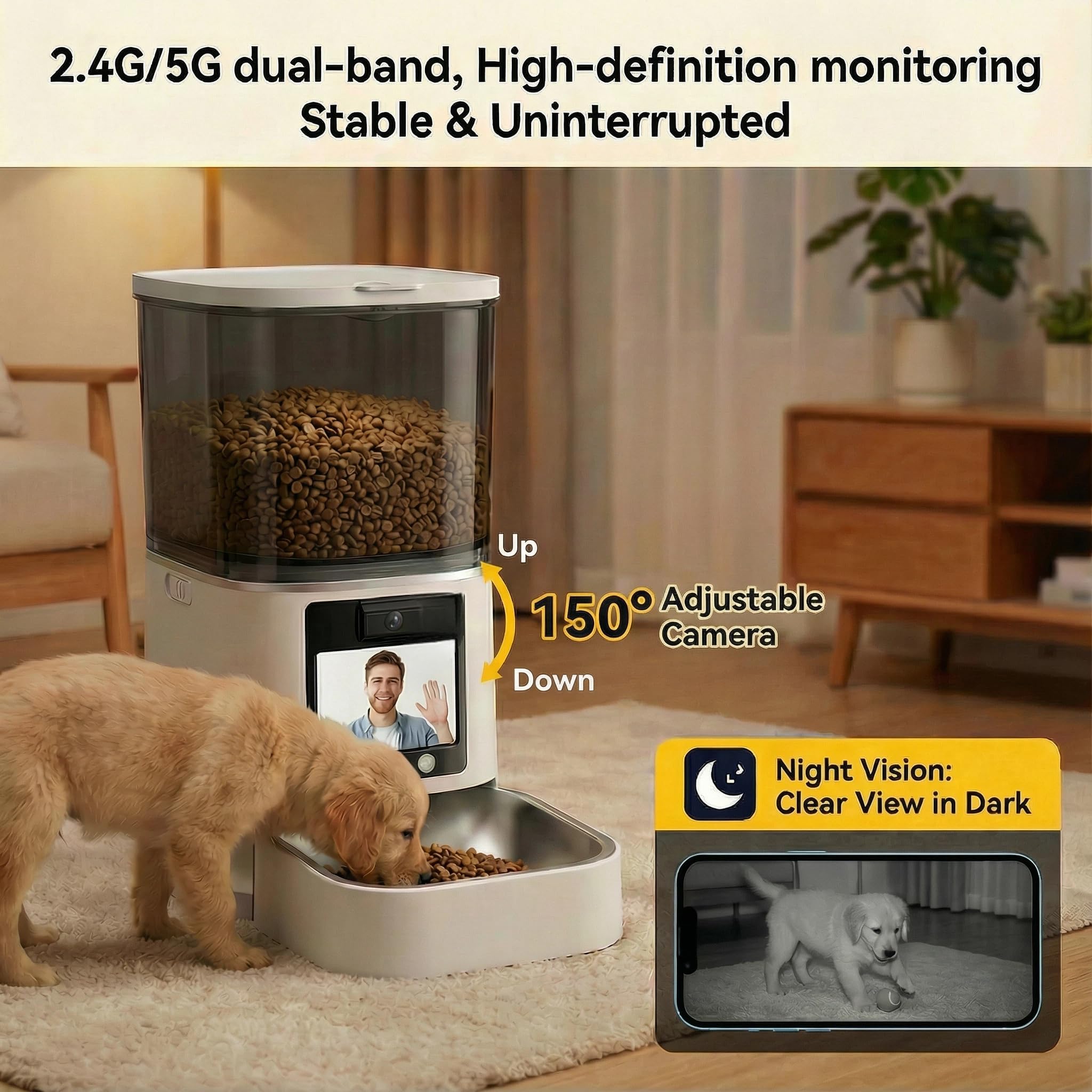 Automatic Cat Feeder with Camera, 2-Way Video& Audio, HD Video with Night Vision, 5G WiFi Pet Feeder, 5L Large Food Storage Container for Multiple Pet, Detachable for Easy Clean - image 3