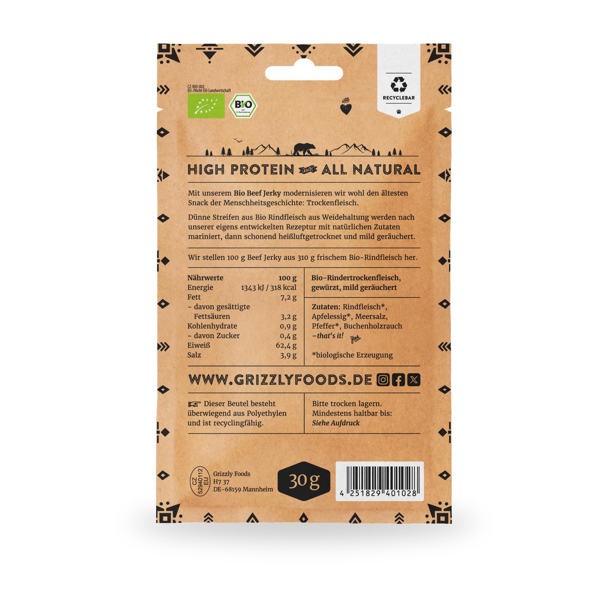 Grizzly Foods • BIO Beef Jerky Original (8 x 30g) • Bio-Trockenfleisch ohne Zucker und Zusätze • High Protein Snack • Ideal für Unterwegs, Büro, Sport