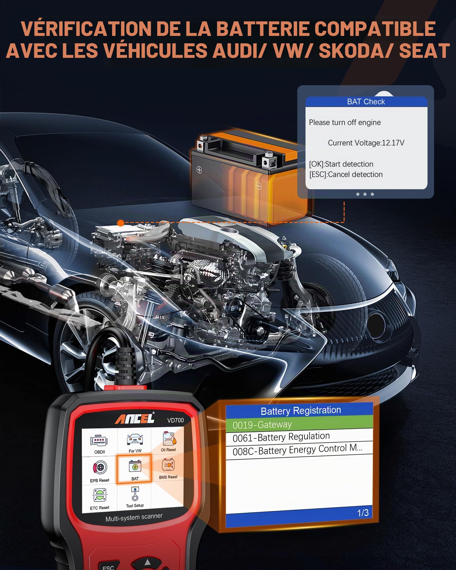 ANCEL OBD2 Valise Diagnostic Auto pour VW pour Audi pour Skoda pour Seat