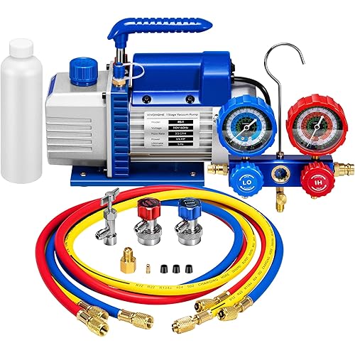 VIVOHOME 110V 1/4 HP 3.5 CFM Single Stage Rotary Vane Air Vacuum Pump and R134a AC Manifold Gauge Set Kit for HVAC Air Conditioning Refrigeration Recharging, Blue