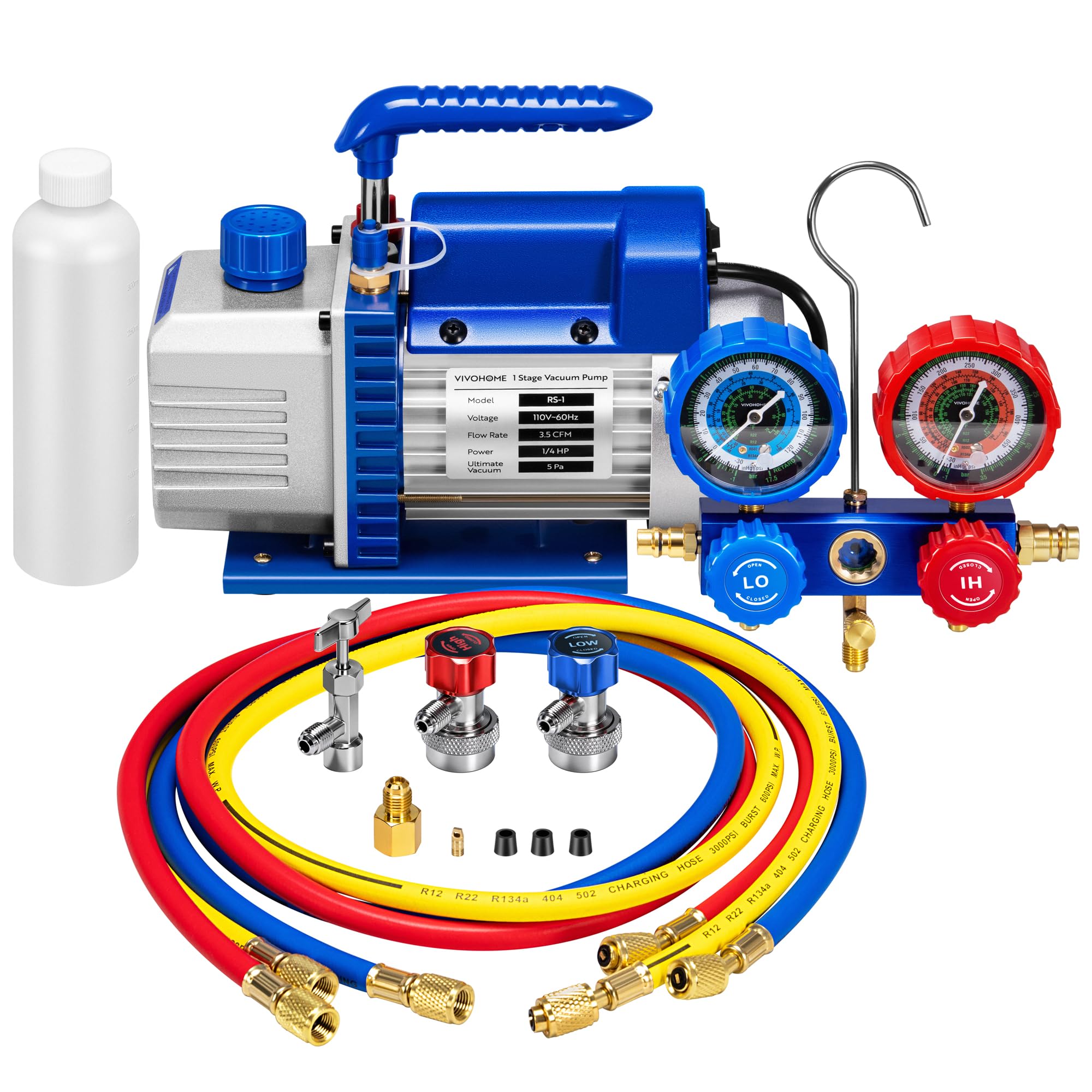 VIVOHOME 1/4 HP 3.5CFM 1 Stage AC Vacuum Pump and R134a Manifold Gauge Set | 110V HVAC Vacuum Pump Kit with 5ft Hoses for R134a R12 R22 R502 Auto Mini Split Air Conditioning Refrigeration Recharging