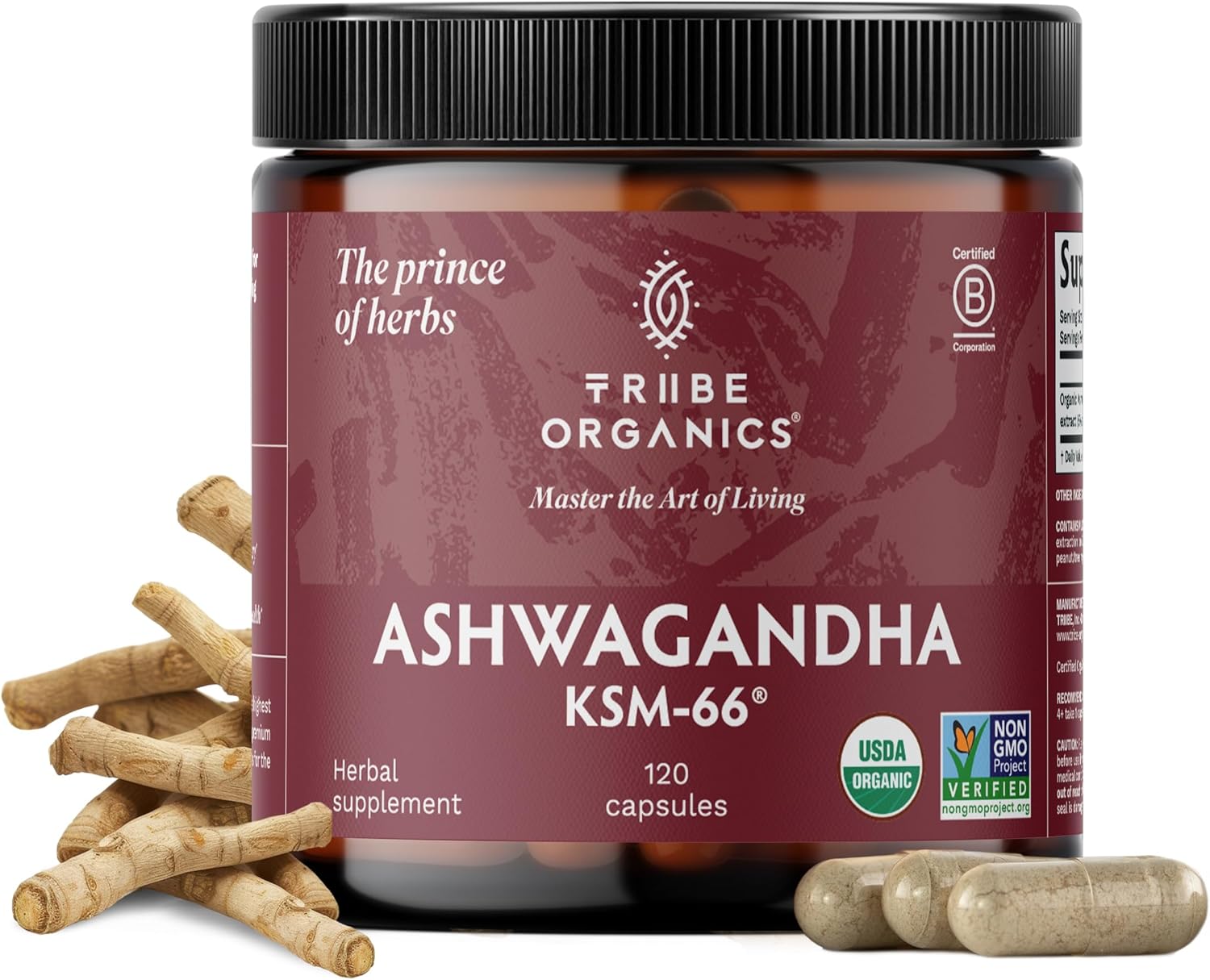 TRIBE ORGANICS Ashwagandha KSM 66 Pure Organic Root Powder Extract Ayurvedic Supplement – Focus, Mood Support, Increase Energy, Strength, 600mg of Natural KSM66 for Superior Absorption – 120 Capsules
