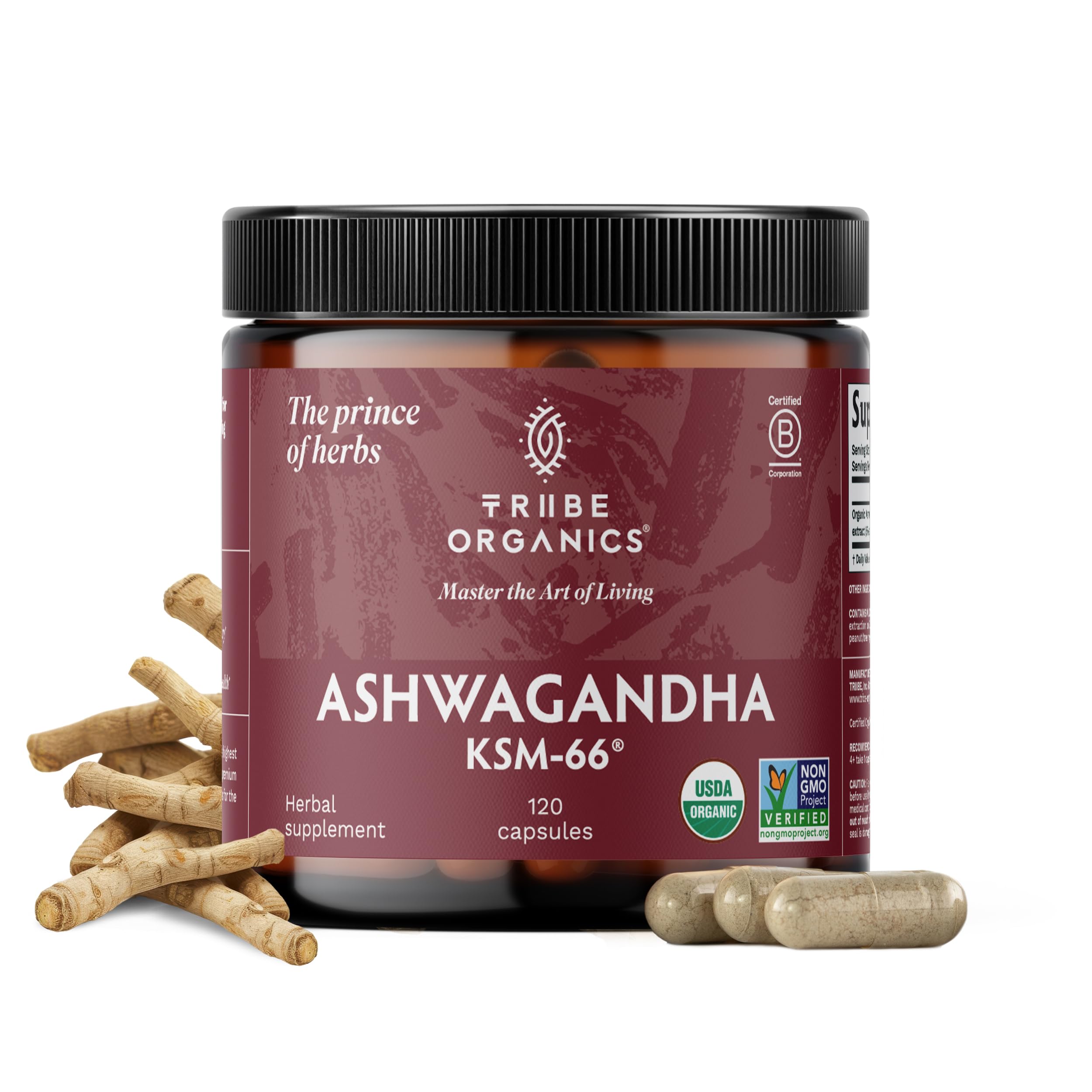 TRIBE ORGANICS Ashwagandha KSM 66 Pure Organic Root Powder Extract Ayurvedic Supplement - Focus, Mood Support, Increase Energy, Strength, 600mg of Natural KSM66 for Superior Absorption - 120 CapsulesUSDA Organic