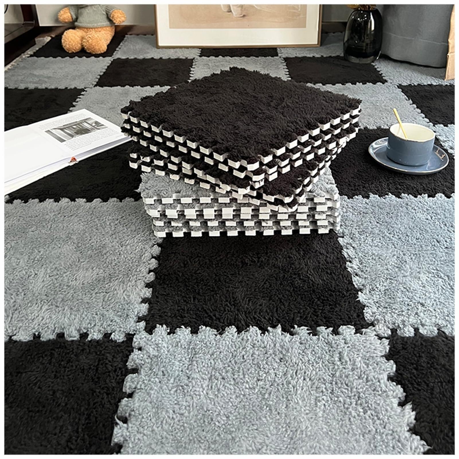 Piastrelle per tappeti in Schiuma ad Incastro da 30 Pezzi - Tappetini Puzzle Morbidi e Morbidi con Bordi per tappeti Fai da Te, Sale Giochi per Bambini, Pavimenti per Pal,#1-30x30x1cm