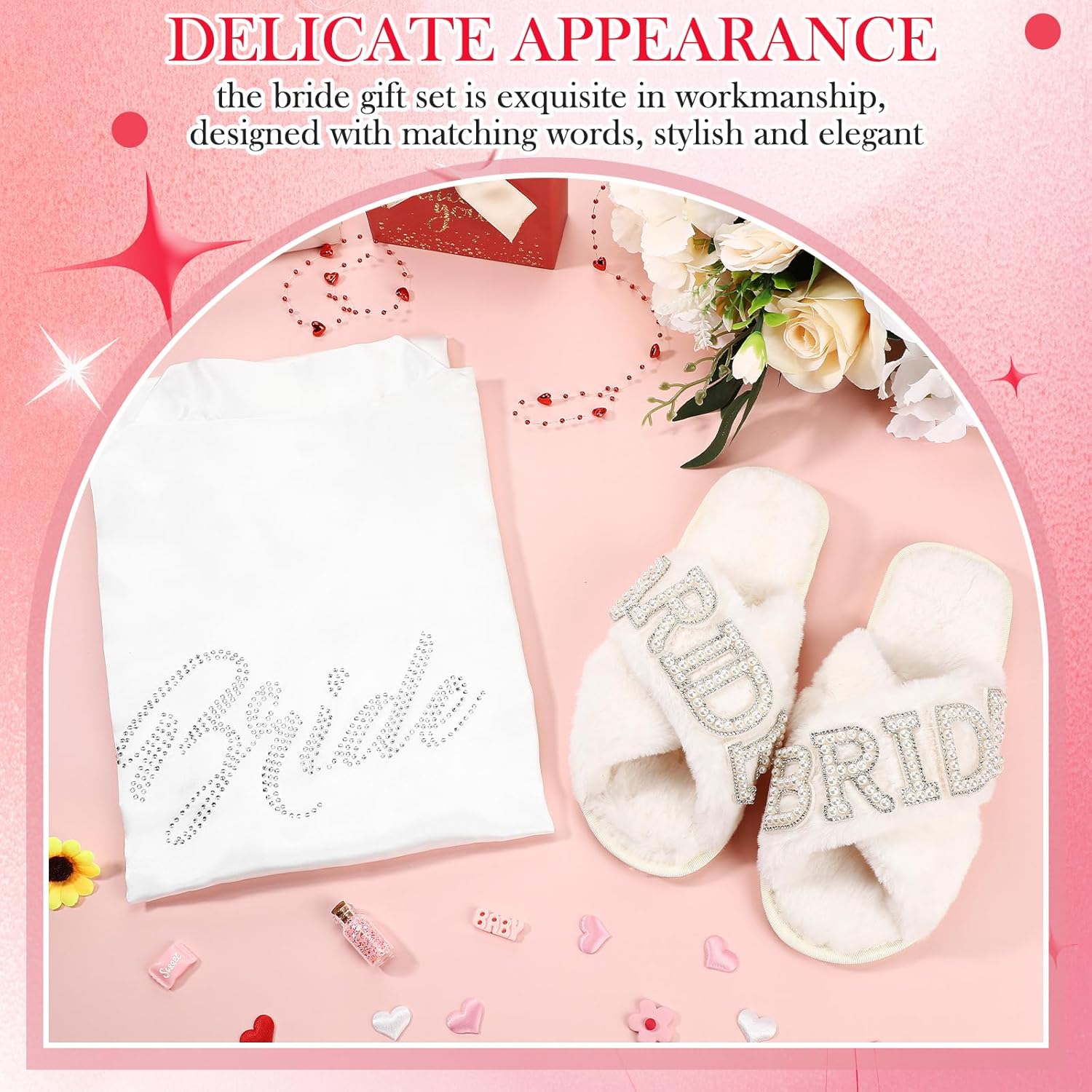 Mepase 2 Pcs Bridal Wedding Gifts Satin Bride Robe with Slippers Rhinestone Wedding Robe Slippers for Women Proposal Party - Image 5