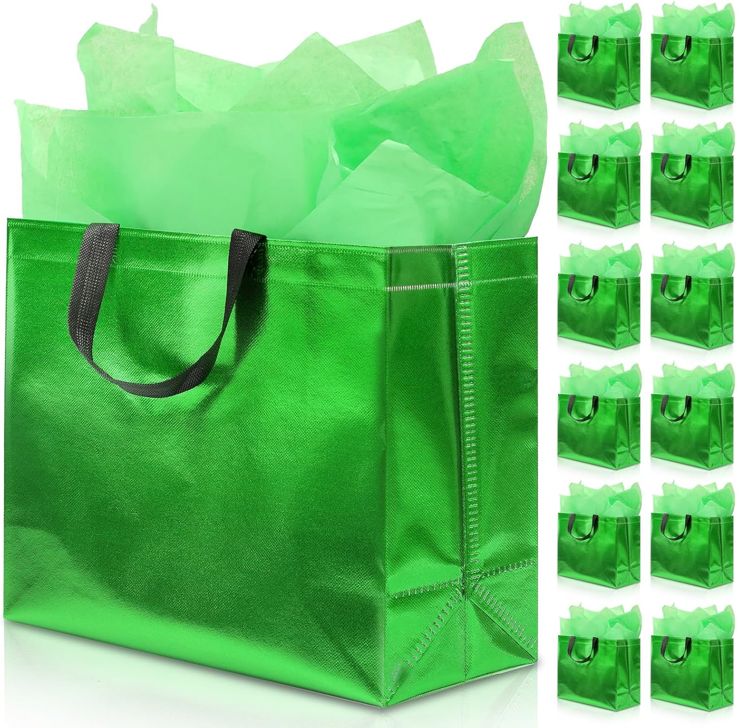 KeerxunBag 12Pcs Reusable Gift Bags(Includes Tissue Paper) Gift bag with handle Birthdays Parties Holidays Weddings Medium 13x5x11in Green Gift Bags