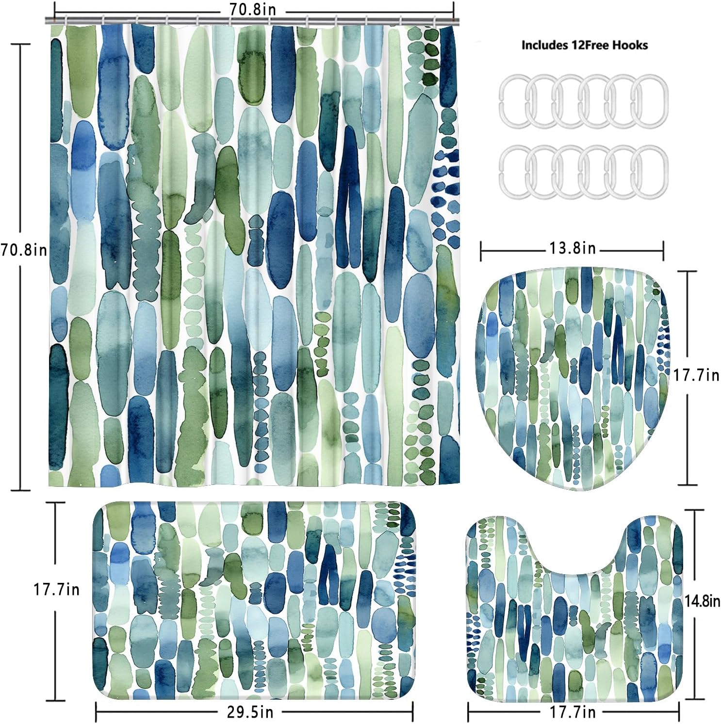 Yizheer 4Pcs Ink Painting Oval Pattern Bathroom Shower Curtain Set with 12 Hooks Bath Mat Toilet Cover U Shaped Mat- PEVA Material, 72x72 Inches, Boho Green Bathroom Curtain Liner for Bathtub