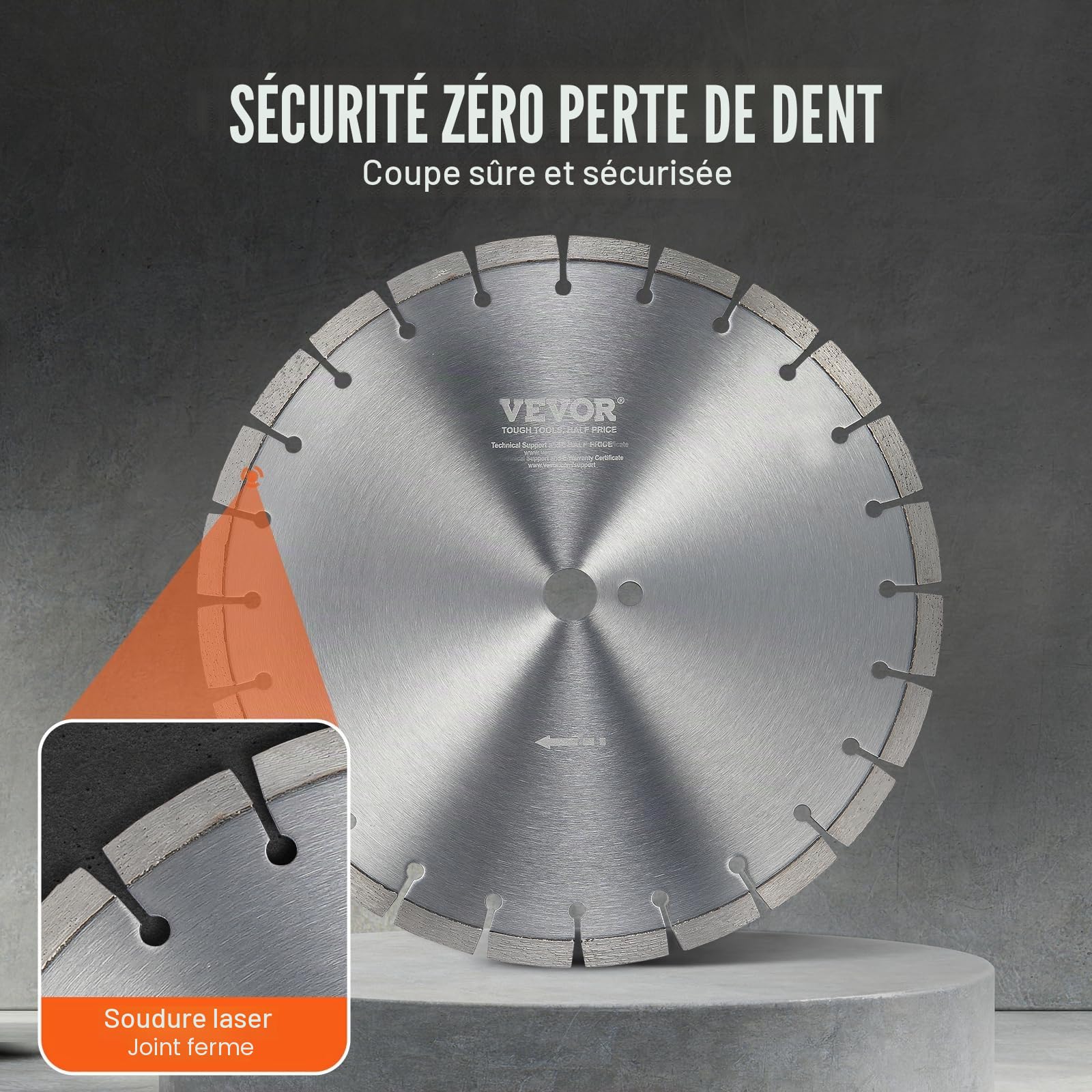 VEVOR Disque à Tronçonner Diamanté 350 mm, Disque Diamant Humide ou Sèche, Lame de Scie à Béton avec Dents Plates de 12 mm, Diamètre du Trou Central Universel 25,4 mm, pour Béton, Carrelage, Brique