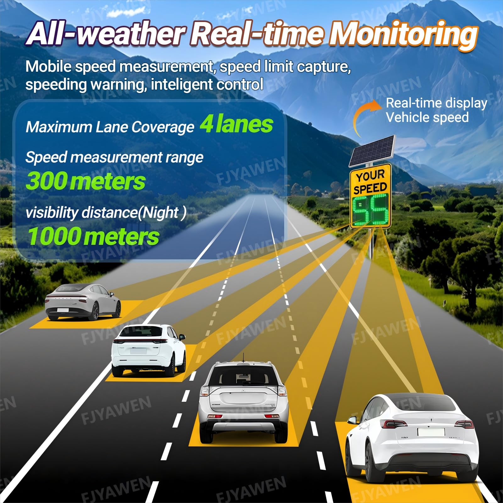 Señal solar de velocidad de radar con LED reflectantes, medición de velocidad de hasta 300 m, diseño impermeable, cobertura multicarretera, 50 x 70 cm