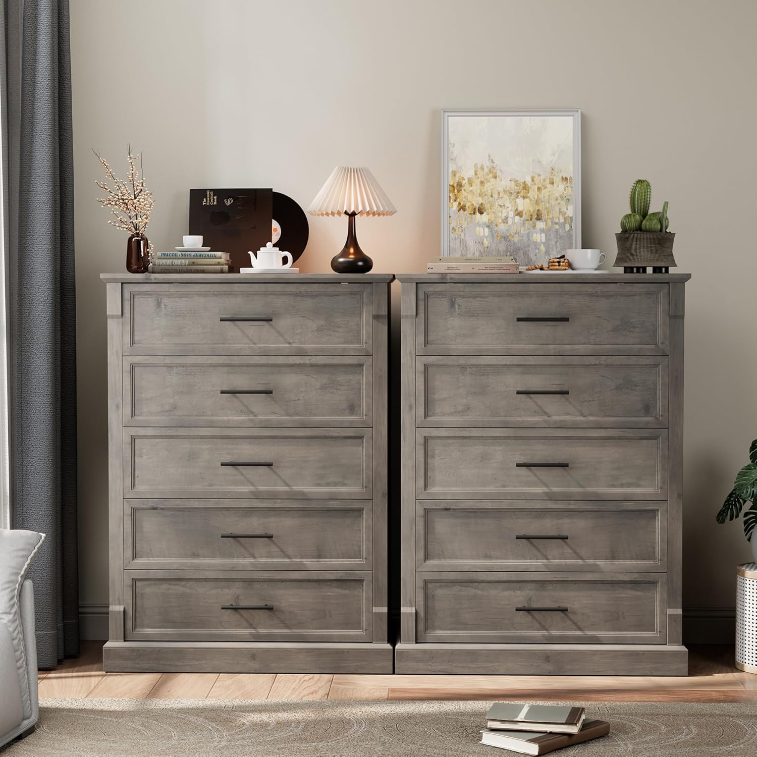 IDEALHOUSE Grey 5 Drawer Dresser for Bedroom, Farmhouse Tall Chest of Drawers with Metal Handles, Rustic Wooden Dresser for Living Room, Hallway