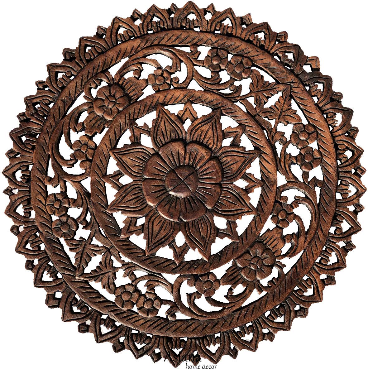 Asiana Home Decor Wandkunst, tropisches Bali-Holz, geschnitzt, Wandkunst, rund, Lotusblüte, rustikale Heimdekoration, 61 cm (braun)