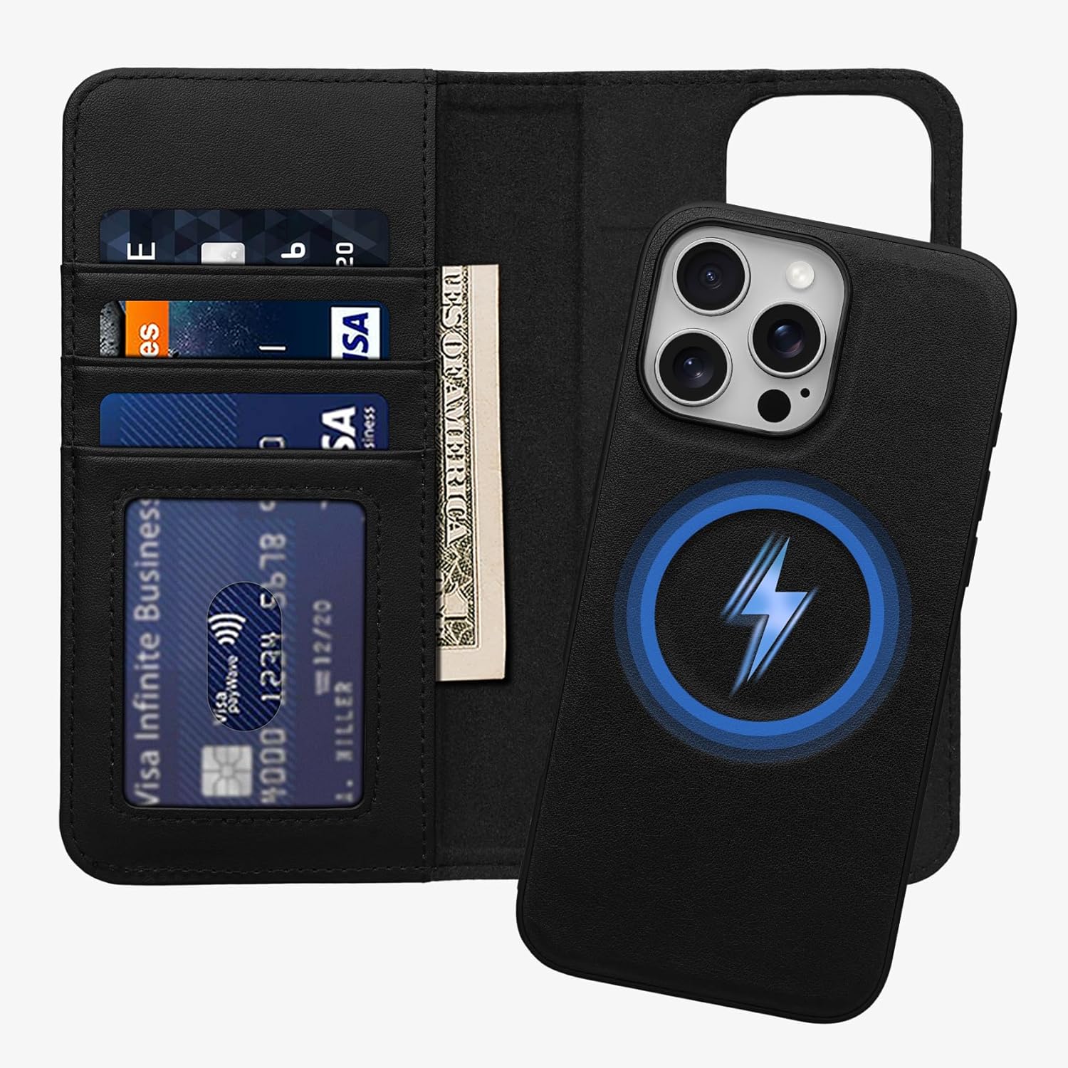 Wallet Case for iPhone 16 Pro,Detachable 2-in-1 Genuine Leather Flip Folio Case Support MagSafe Wireless Charging,RFID Blocking Card Slot Stand Cover for iPhone 16 Pro,Black