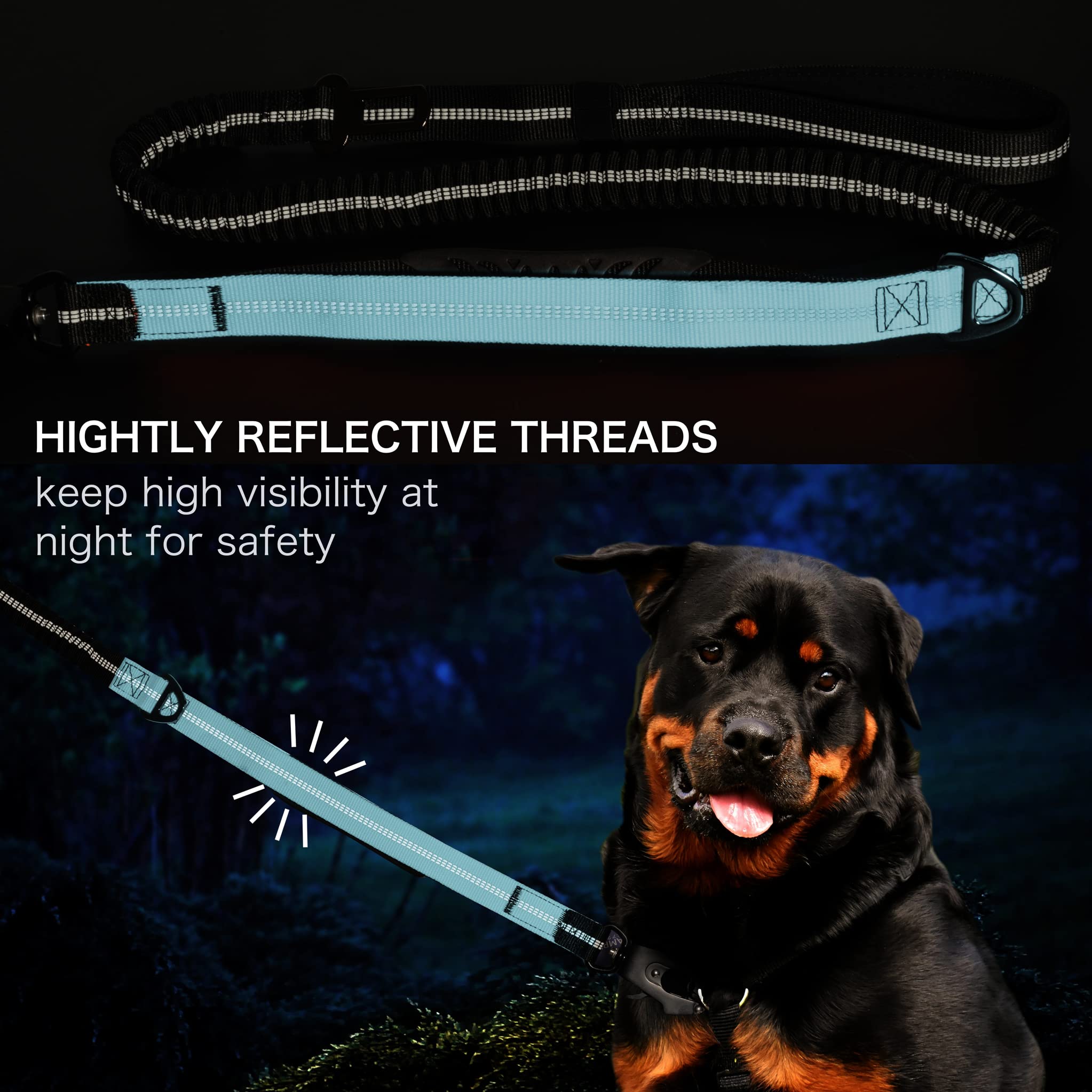 Guinzaglio tattico robusto per cani con moschettone a sgancio rapido e fili altamente riflettenti, da 1,2 a 1,8 m per cani di taglia media e grande (nero e blu chiaro)